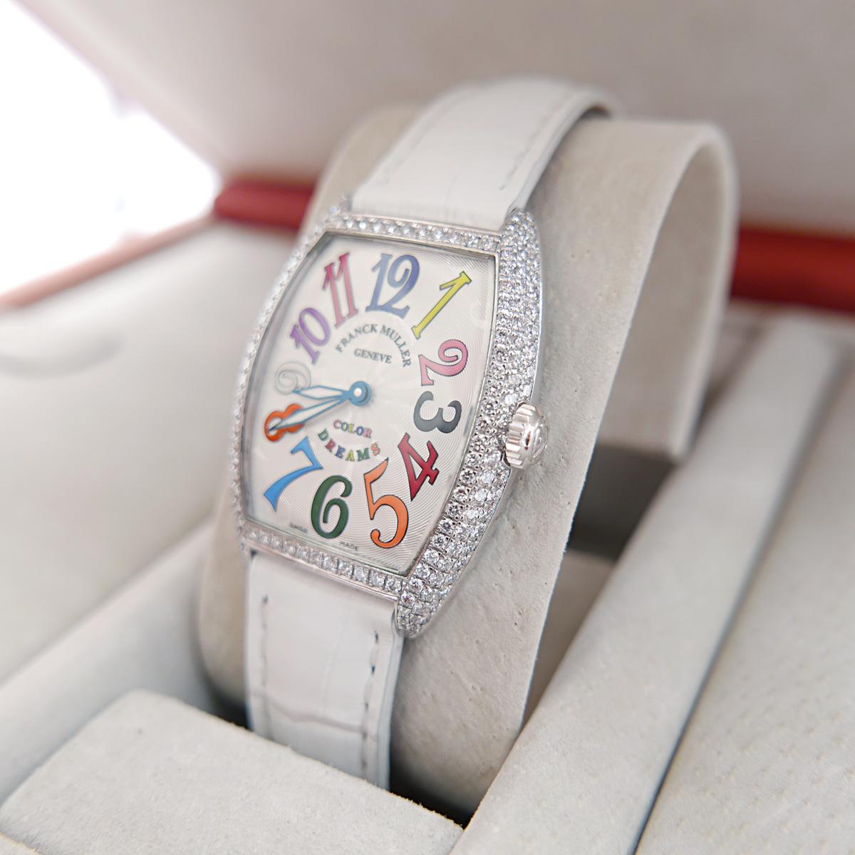 Pre-Loved Franck Muller 18k White Gold 29x39mm Master of Complications Color Dreams 
Three-row Diamond Bezel, Quartz Movement 
Original White Embossed Leather Strap
REF: 7502, Serial # 382 
with Original Box and Papers, Pristine Condition
c.2015