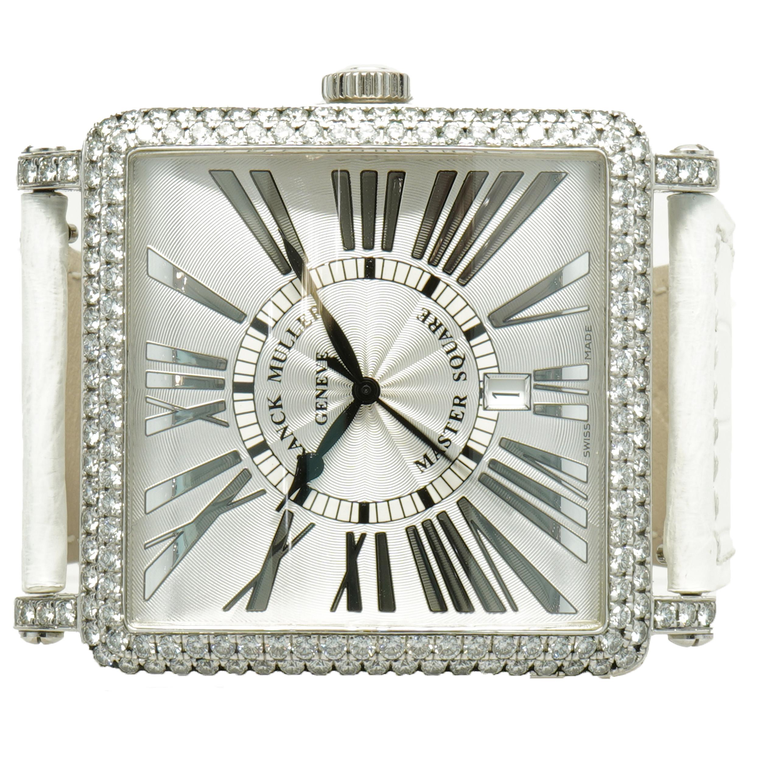 Movement: automatic
Function: hours, minutes, seconds, date
Case: 18k white gold, 42 x 42mm, pave diamond
Band: Franck Muller white leather strap, 18K white gold and diamond buckle
Dial: silver roman
Serial #: No XXX
Reference #: 6000 K SC

No box