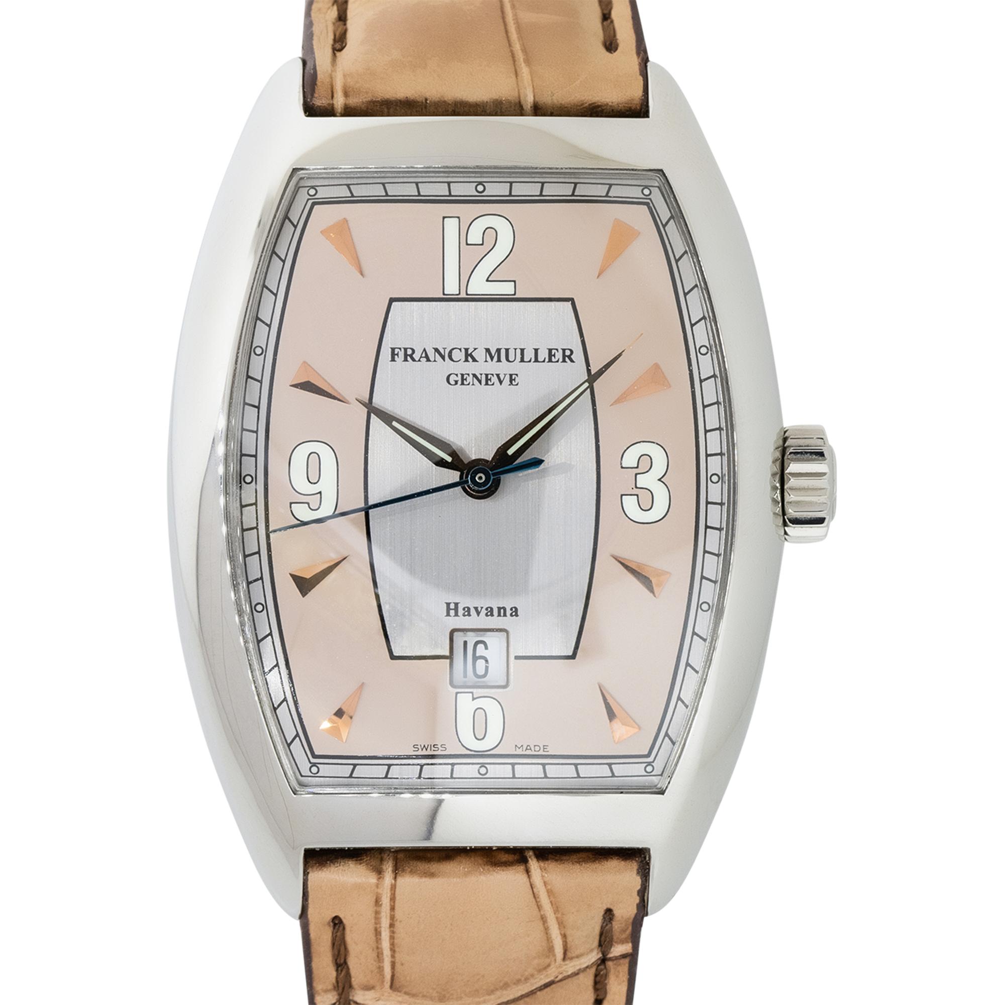 Brand: Franck Muller
MPN: 7881
Model: Havana Cintree Curvex B SC DT HV
Case Material: Stainless Steel
Case Diameter: 36 mm
Crystal: Scratch resistant sapphire
Bezel: Stainless Steel
Dial: Rose and silver dial with white arabic numerals. Date can be