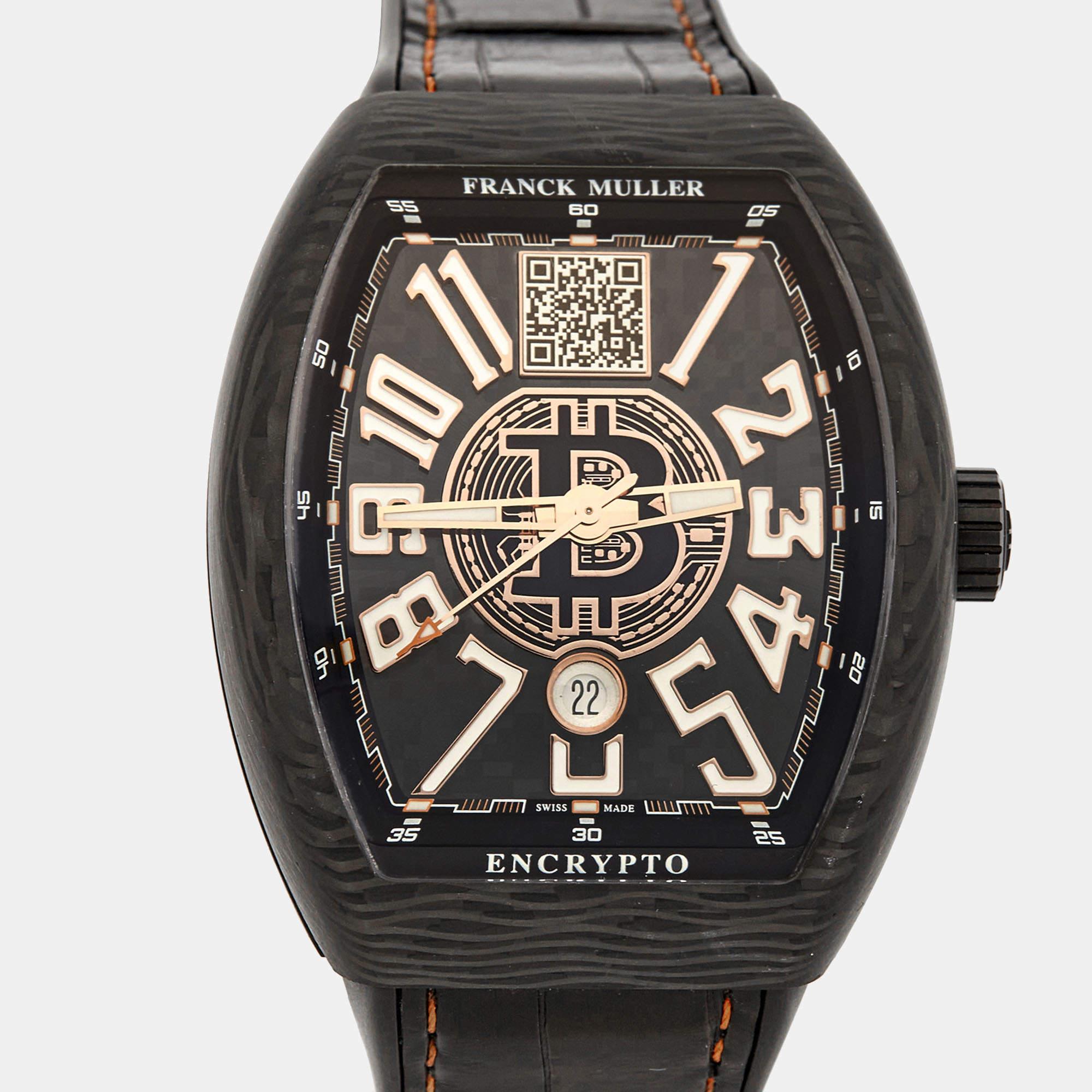 Franck Muller's Vanguard Encrypto V45SVDTBTC is a special present to the modern watch enthusiast. Carbon fiber, which is known to be strong and light, is used to form the case while an alligator leather & rubber bracelet with a push-button clasp is