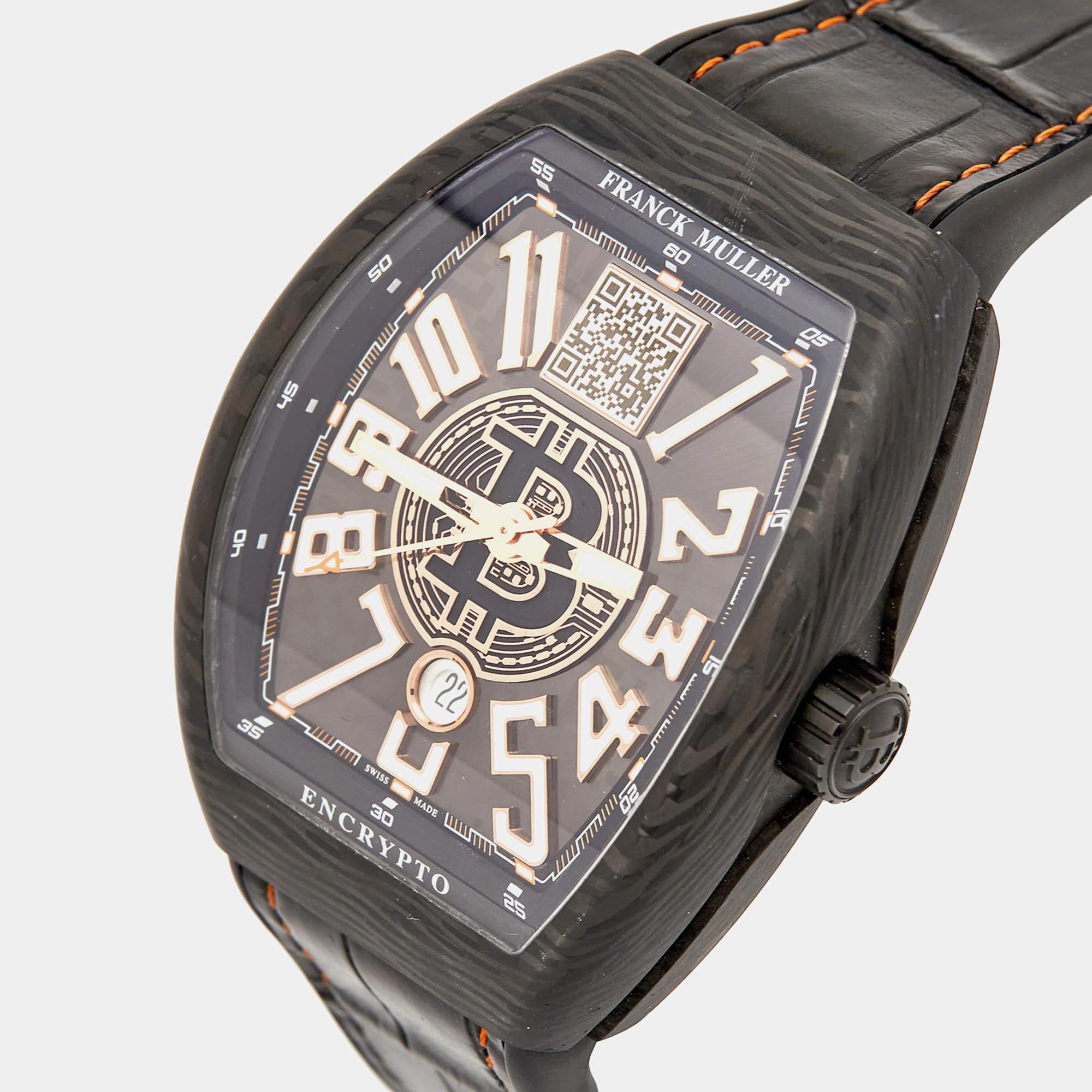 Franck Muller Black Carbon Alligator Vanguard Encrypto V45SVDTBTC Men's Wristwat In Excellent Condition In Dubai, Al Qouz 2