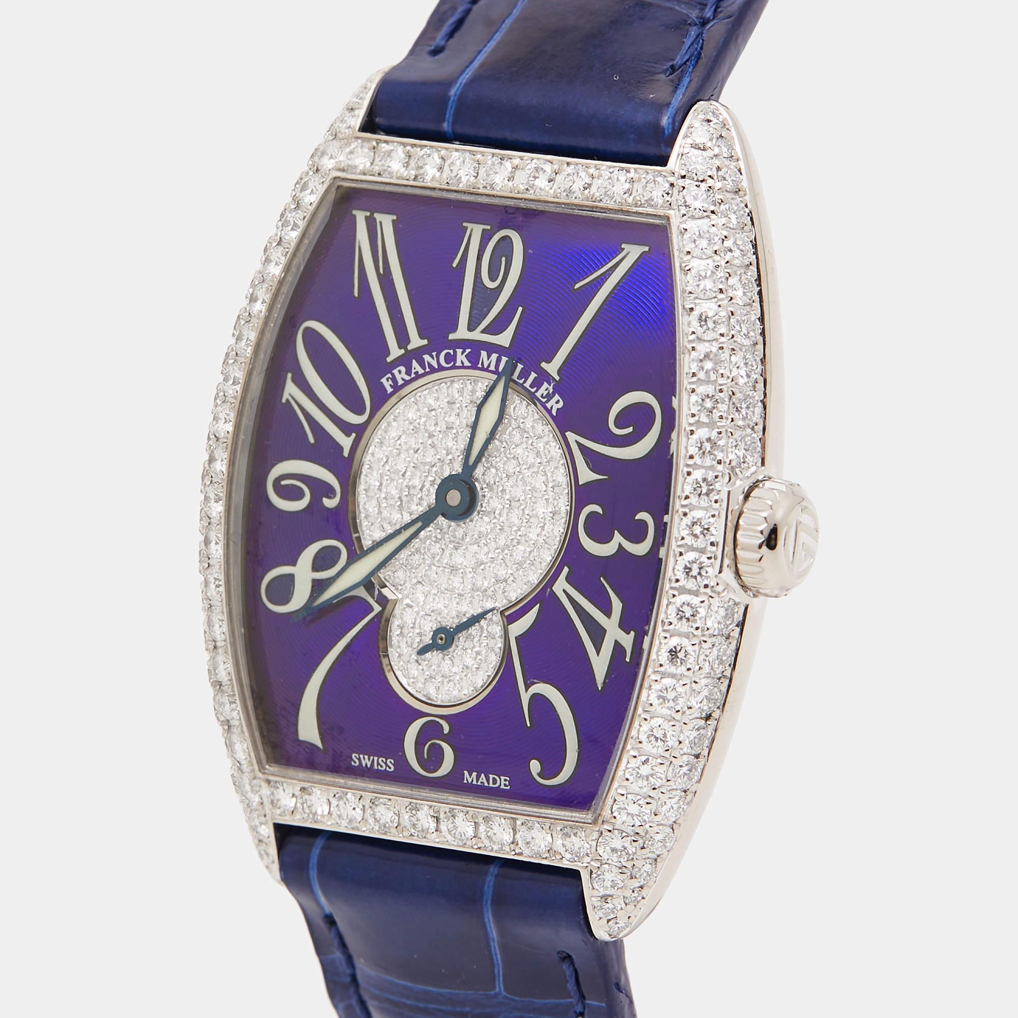 One look at this timepiece from Franck Muller, and you'll know why it is such an incredible find. The watch has an 18K white gold case with sparkling diamonds embedded in the bezel. It is well-equipped with a manual winding movement and an engraved