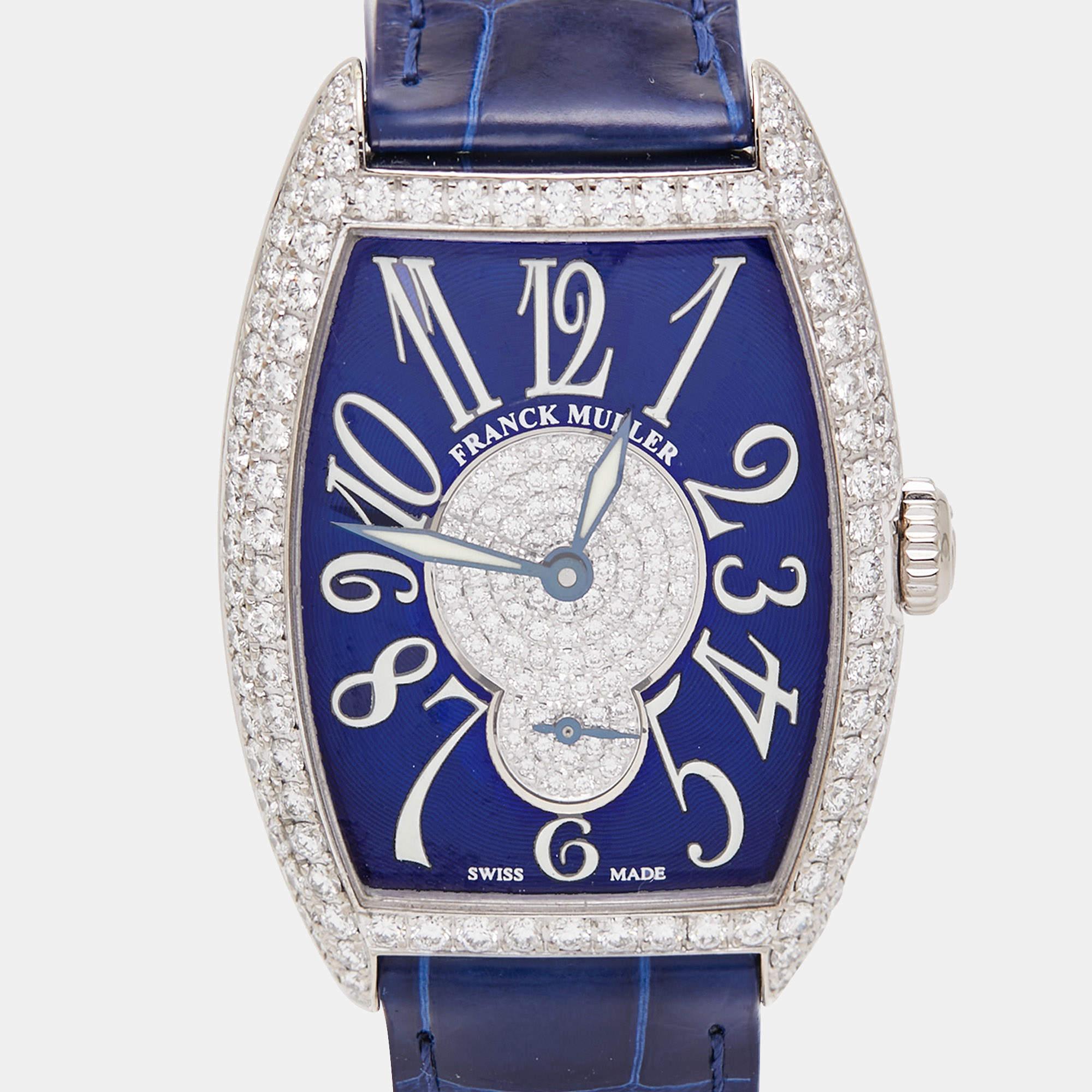 Franck Muller Blue Diamond Pave 18K White Gold Alligator Leather Cintree Curvex In Fair Condition In Dubai, Al Qouz 2
