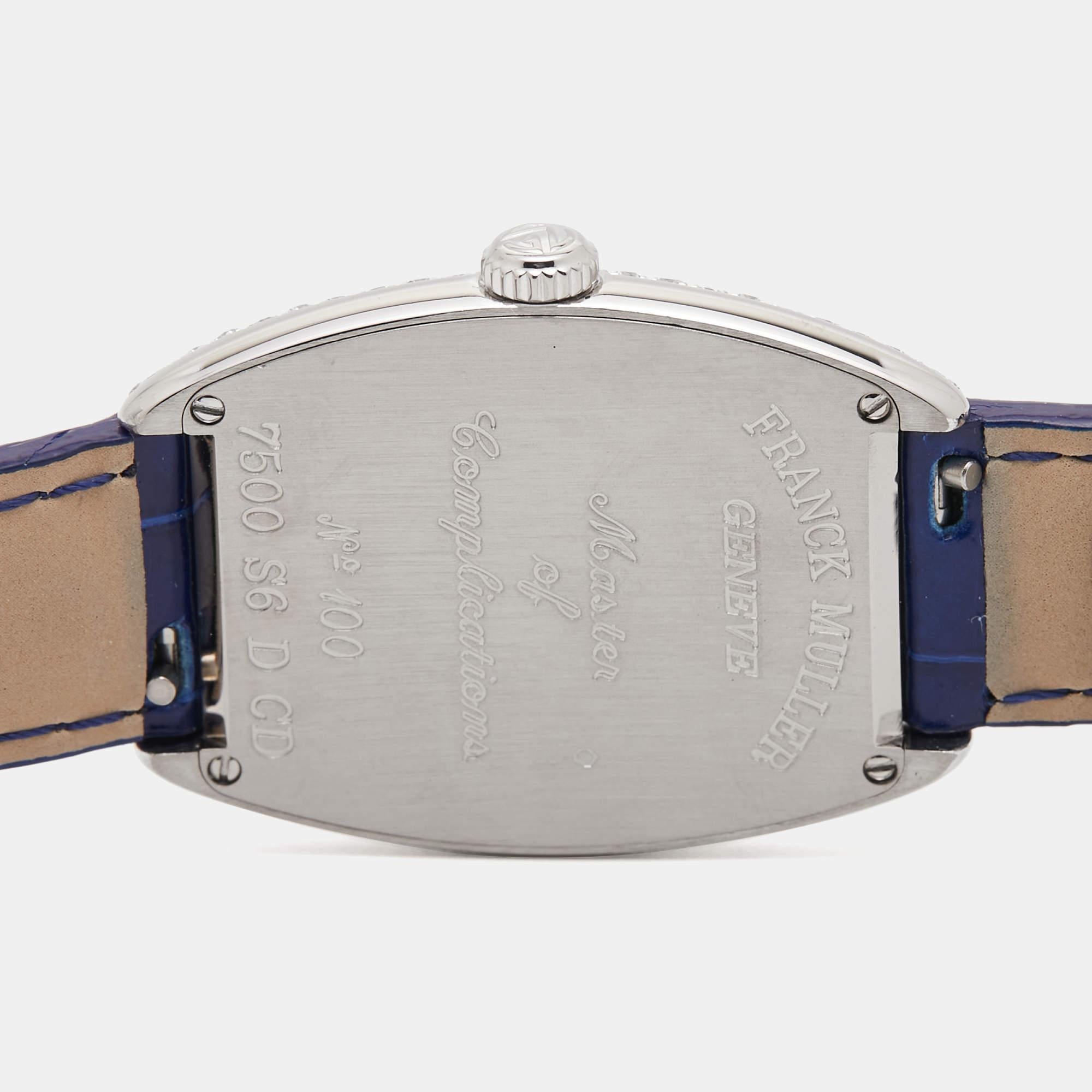 Women's Franck Muller Blue Diamond Pave 18K White Gold Alligator Leather Cintree Curvex