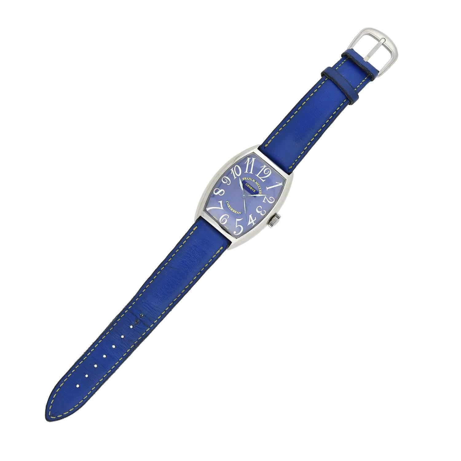 A gorgeous watch by famed maker Franck Muller! The stainless steel Caribbean 5850 has a lovely tonneau shape and features an electrifying blue guilloche enameled face. An incredible wave pattern emanates from the center of the dial below the