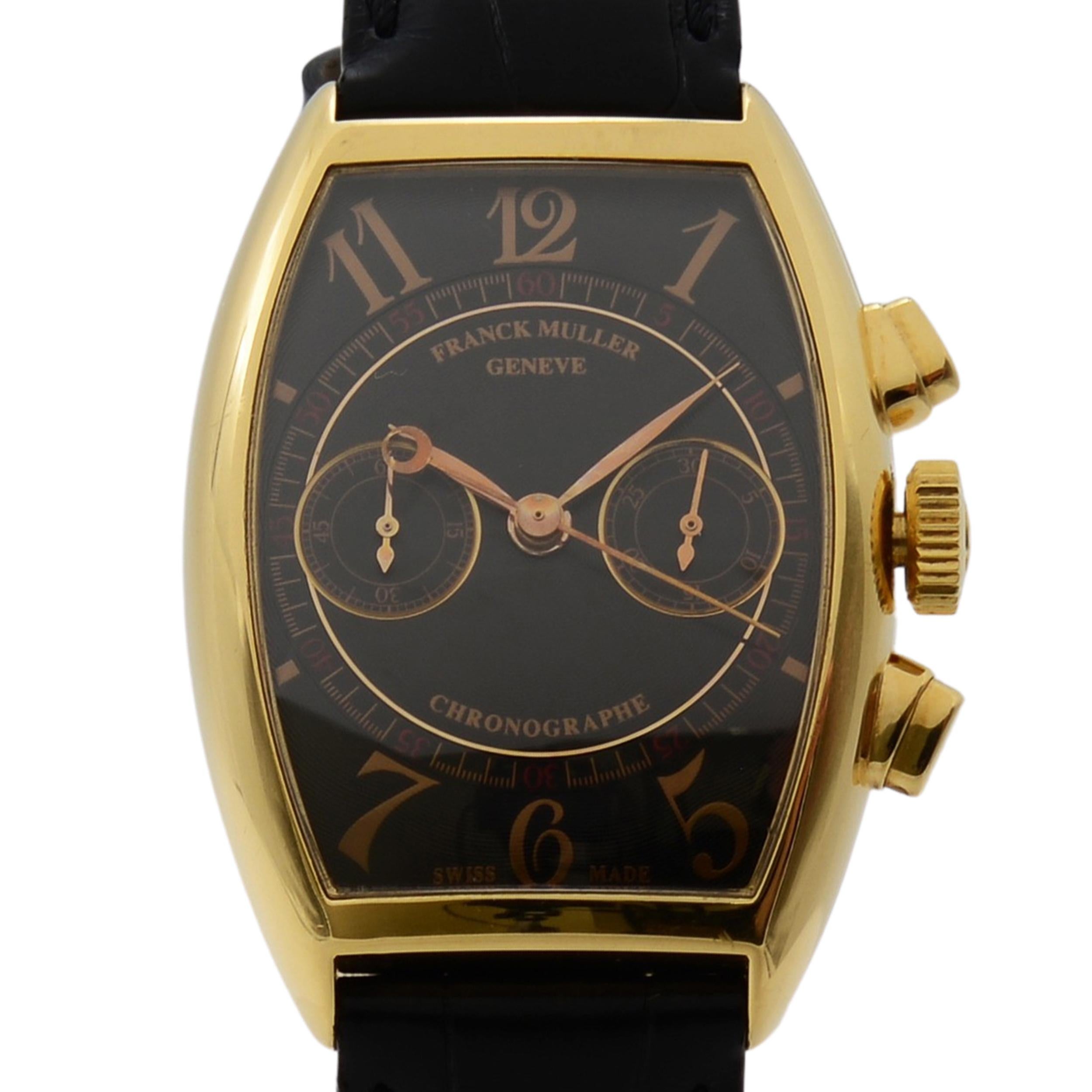 This pre-owned Franck Muller Casablanca 5850 CC is a beautiful  timepiece that is powered by mechanical (hand-winding) movement which is cased in a 18K yellow gold case. It has a tonneau shape face, chronograph, small seconds subdial dial and has