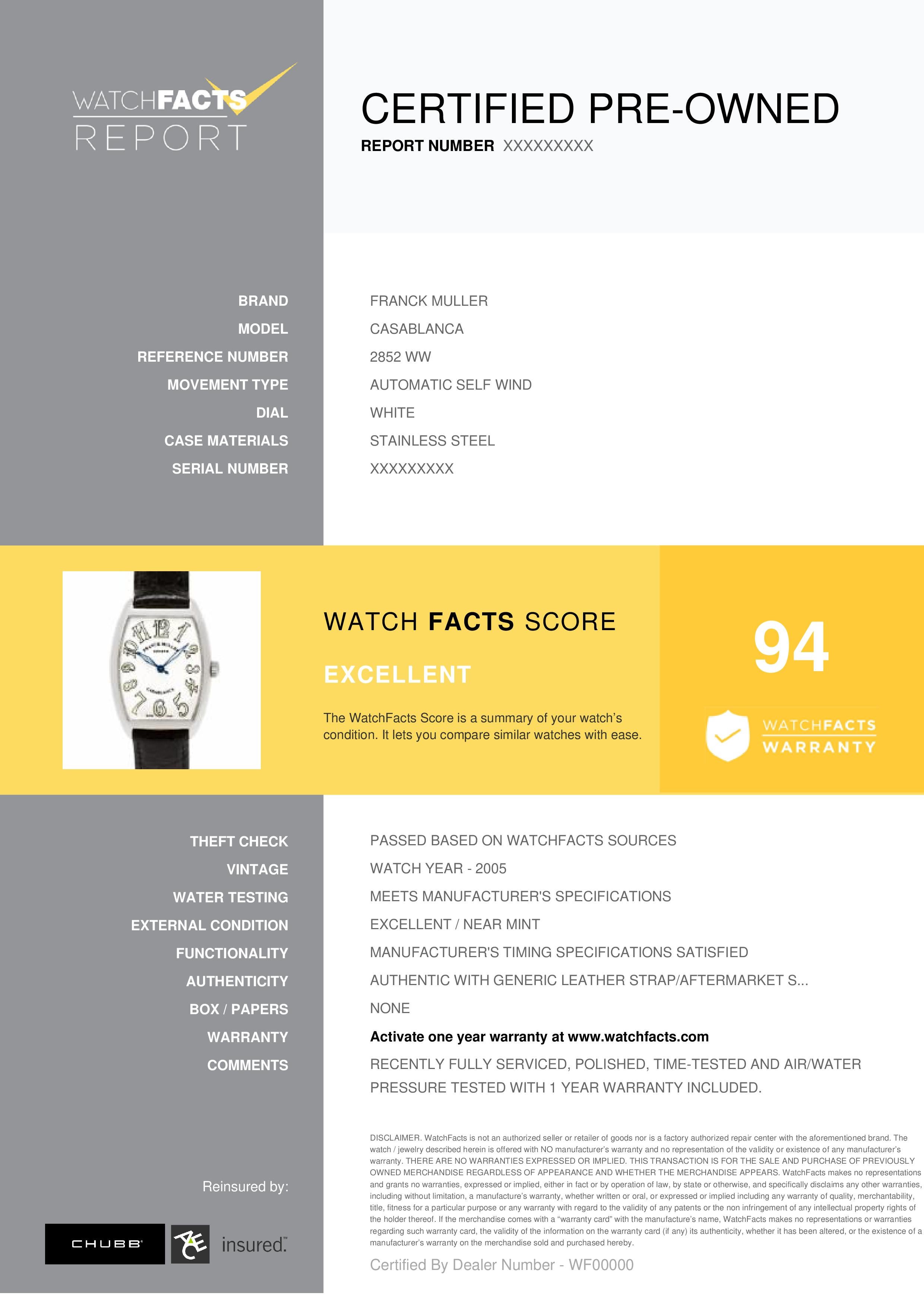 Franck Muller Casablanca Reference #: 2852 WW. Mens Automatic Self Wind Watch Stainless Steel White 37 MM. Verified and Certified by WatchFacts. 1 year warranty offered by WatchFacts.