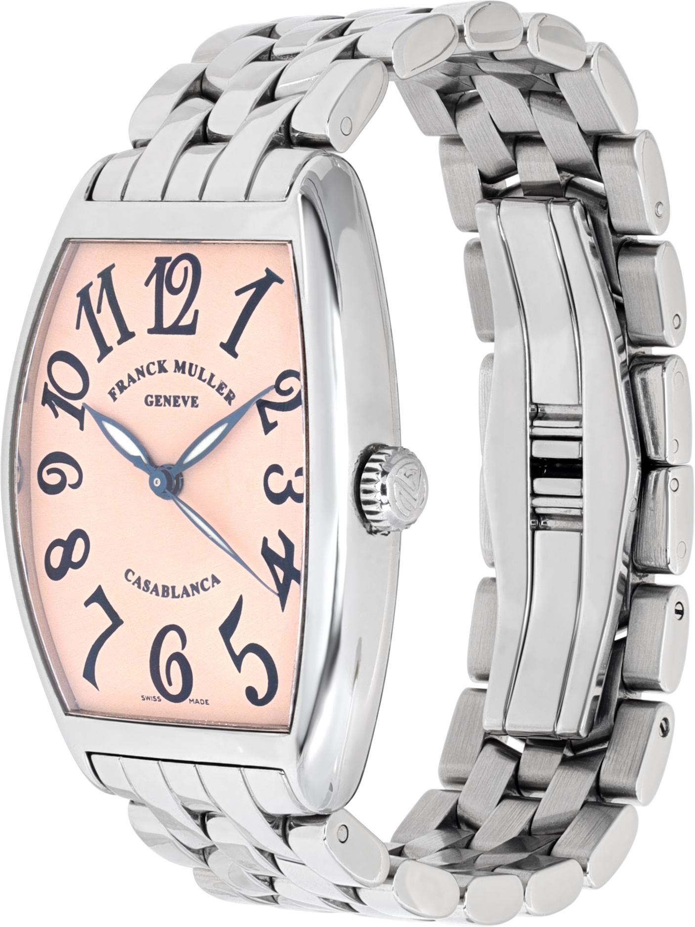 Franck Muller Casablanca in stainless steel with salmon Arabic numeral dial. Auto w/ sweep seconds. 42 mm length (lug to lug) by 31 mm width case size. Ref 2852. Fine Pre-owned Franck Muller Watch.

 Certified preowned Classic Franck Muller
