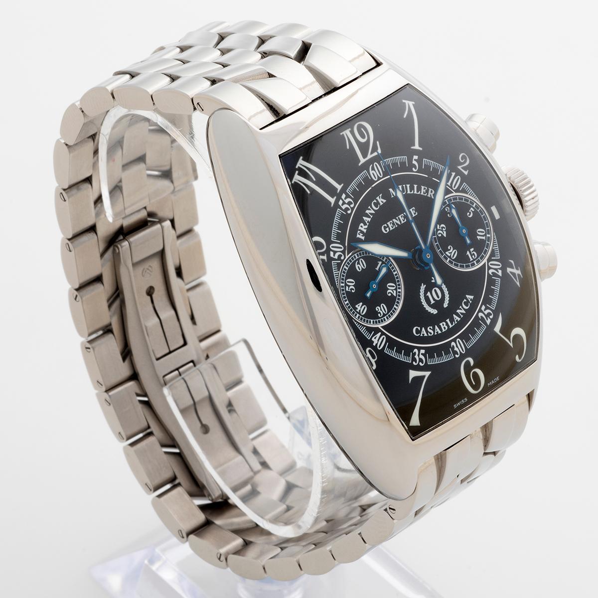 Unsere seltene Franck Muller Casablanca Chronograph Referenz 8880CC ist eine limitierte Jubiläumsausgabe zum 10-jährigen Bestehen der Casablanca-Reihe. Dieses Exemplar ist eher ungewöhnlich, da es mit einem Edelstahlarmband ausgestattet ist, das das