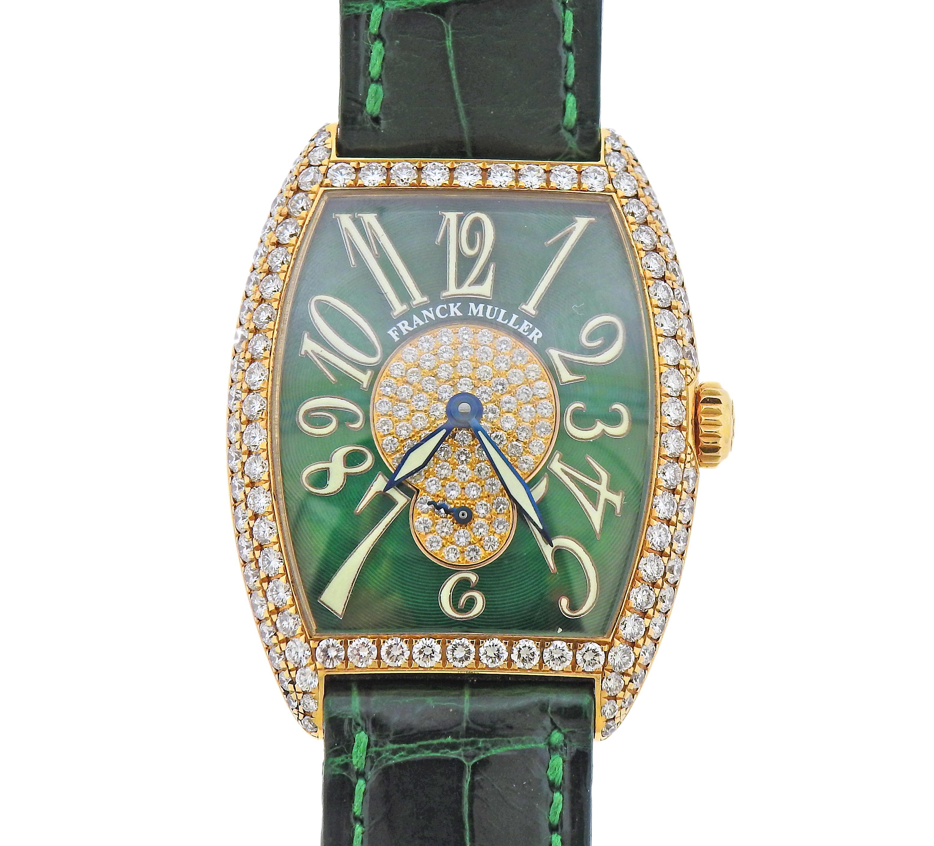 18k yellow gold case Franck Muller Cintree Curvex lady's watch with green dial and green leather FM band, 18k gold buckle. Dial and case decorated with diamonds.  Features mechanical movement in working order. Case - 29mm excl. crown x 38mm,