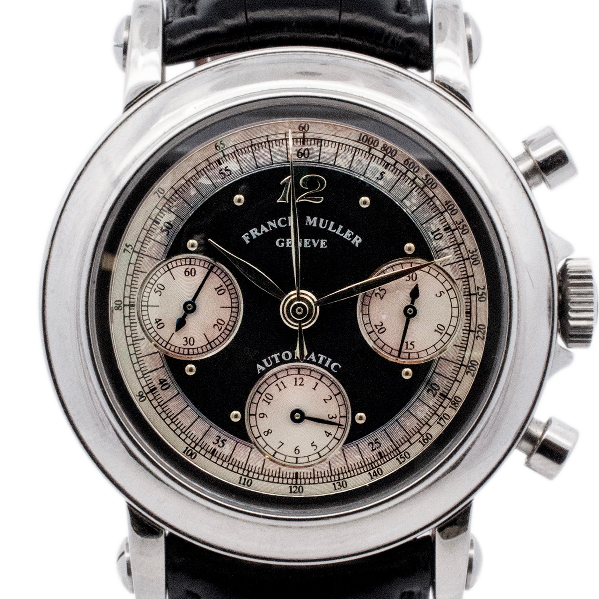 Marke: Franck Muller

Geschlecht: Männer

Metall-Typ: Rostfreier Stahl & Platin

Durchmesser: 39,00 mm

Gewicht: 75,90 Gramm

Herrenuhr aus Edelstahl und 950er Platin von Franck Muller aus der Schweiz. Die Marke 