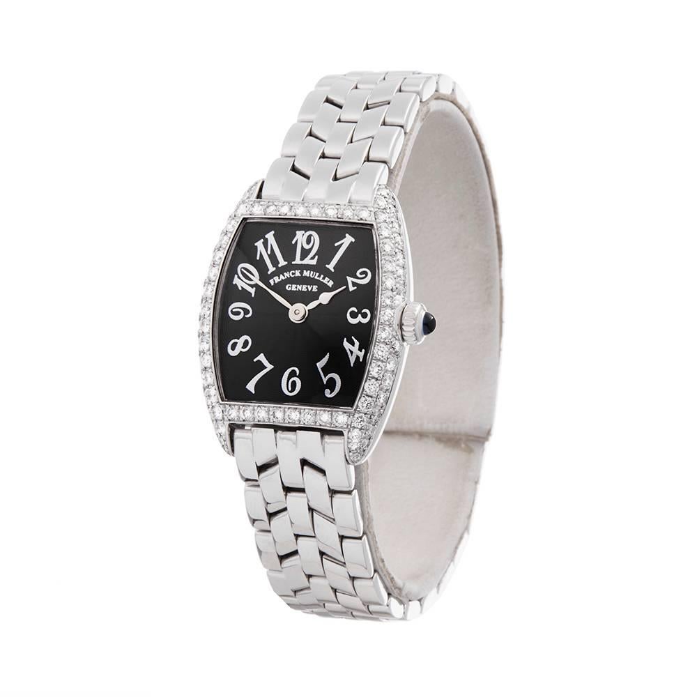 Ref: COM1399
Manufacturer: Franck Muller
Model: Cintreé Curvex
Model Ref: 1752QZ
Age: 
Gender: Ladies
Complete With: Box Only
Dial: Black Arabic
Glass: Sapphire Crystal
Movement: Quartz
Water Resistance: To Manufacturers Specifications
Case: 18k