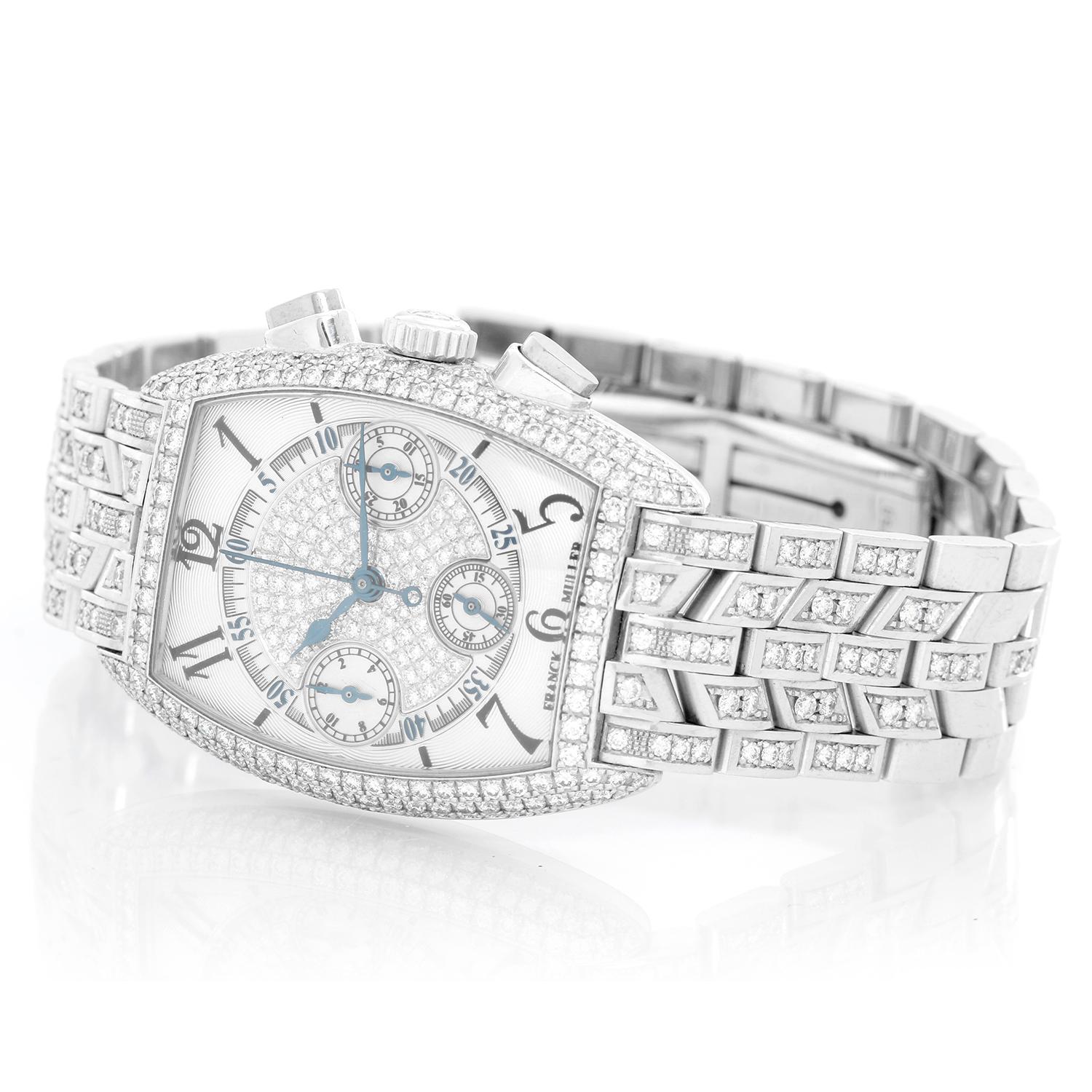 Franck Muller Cintree Curvex Chronograph Pave Diamond Ladies Watch - Manual winding; chronograph. 18k white gold polished and satin-finished case with diamond bezel; exposition back  (29mm x 39mm). Silver dial with pave diamond center; hour, minute