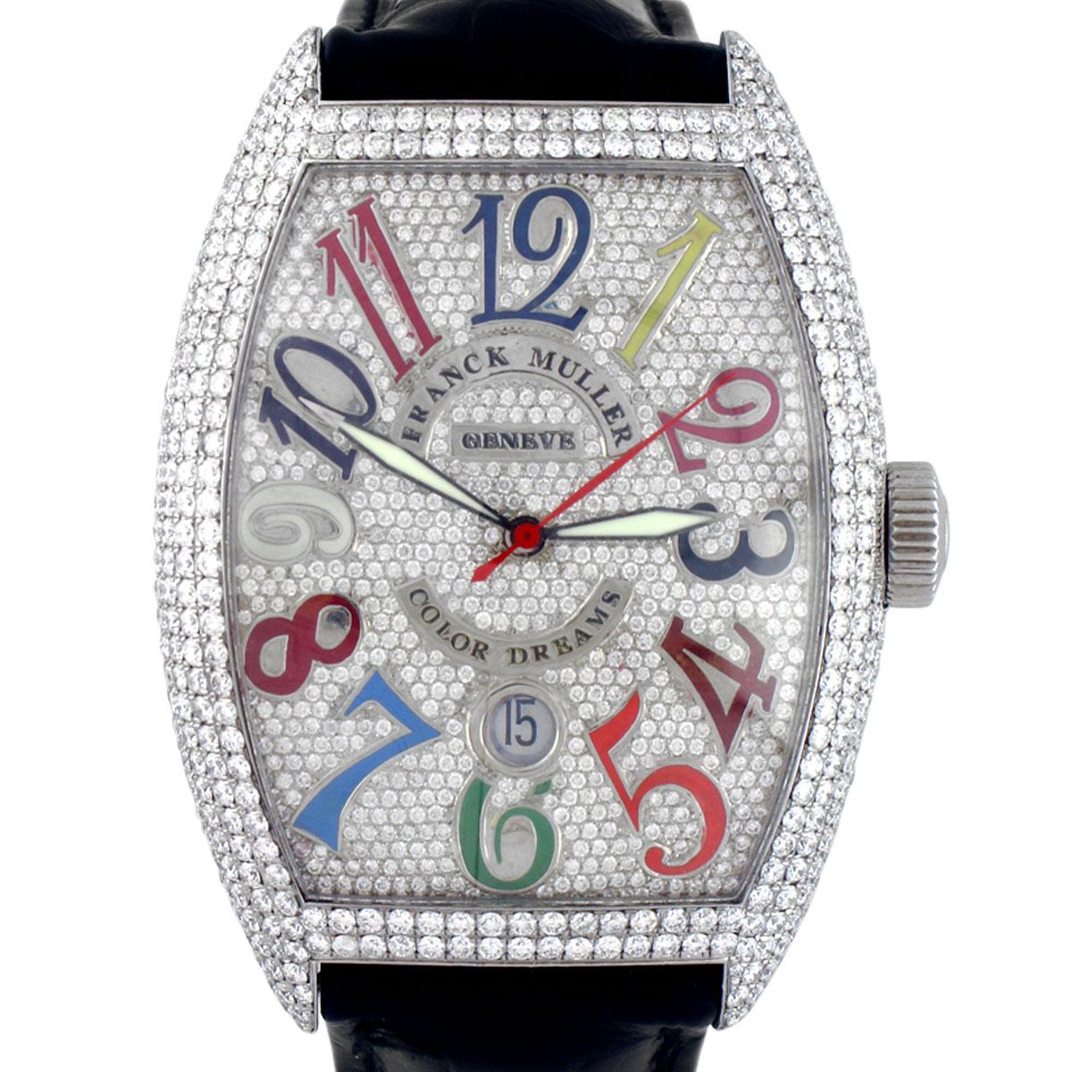 Brand: Franck Muller
MPN: 8880
Model: Color Dreams
Case Material: Stainless Steel
Case Diameter: 39 mm
Crystal: Scratch resistant sapphire
Bezel: Stainless Steel
Dial: Diamond Dial with rainbow hour numerals
Bracelet: Black Alligator Strap
Size: