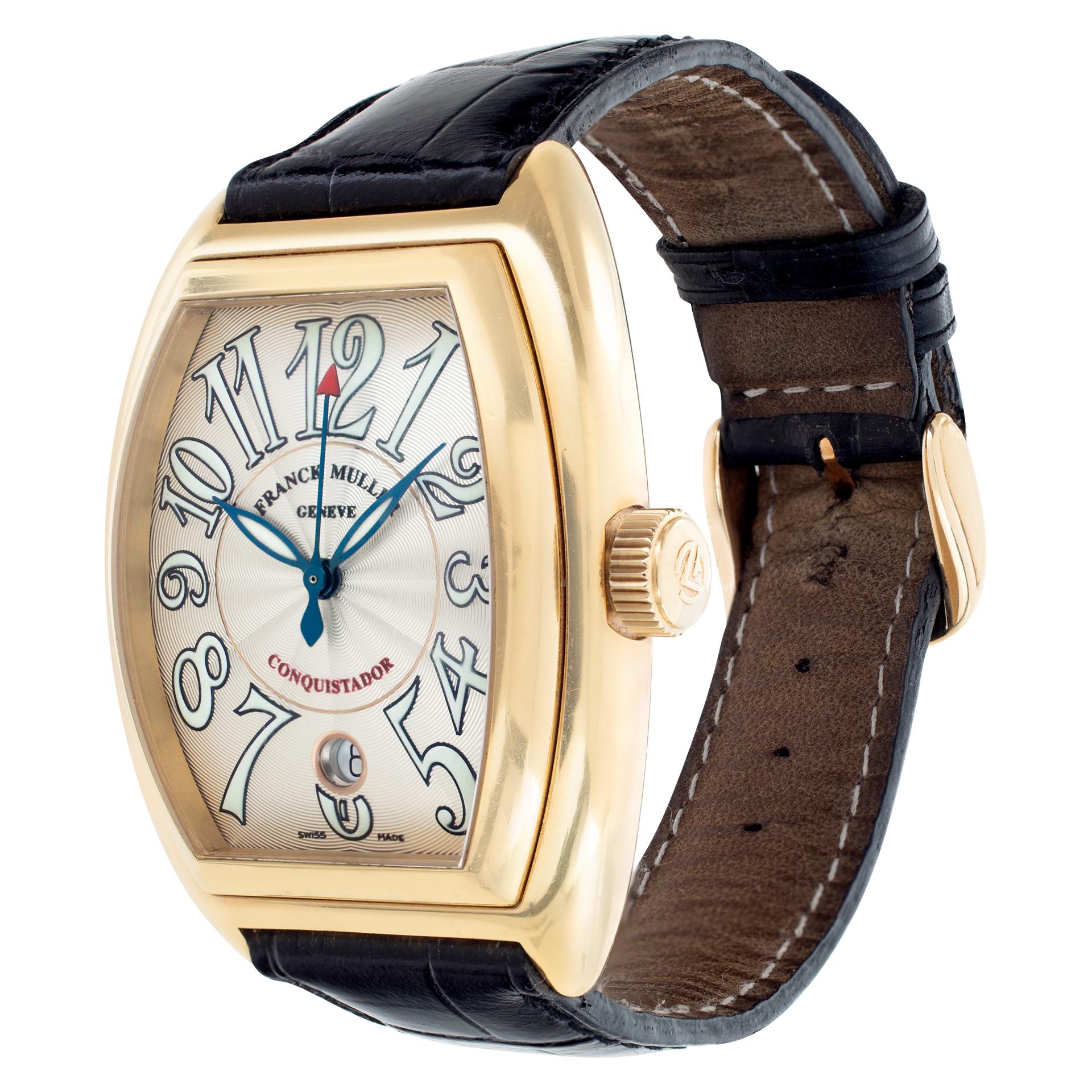 Franck Muller Conquistador in 18k on black alligator strap with 18k FM tang buckle. Auto w/ sweep seconds and date. 48 mm length (lug to lug) by 35 mm width case size. With box and papers. Ref 8001 SC. Fine Pre-owned Franck Muller Watch. Certified