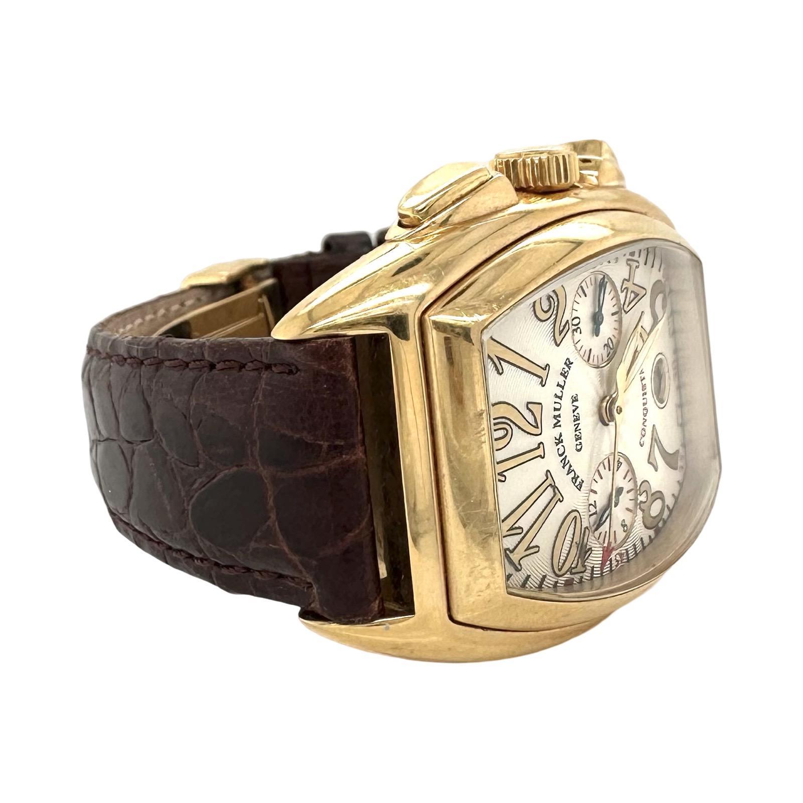 Marke: Franck Muller
Modell: Conquistador
Modell Nr.: 8002 cc
Uhrwerk: Automatik
MATERIAL des Gehäuses: 18k Gelbgold
Gehäusegröße: 35 mm
Armbänder: Braunes Alligatorleder
Zifferblattfarbe: Silber
Merkmale: Chronograph
Box & Papiere: Nein. Nur