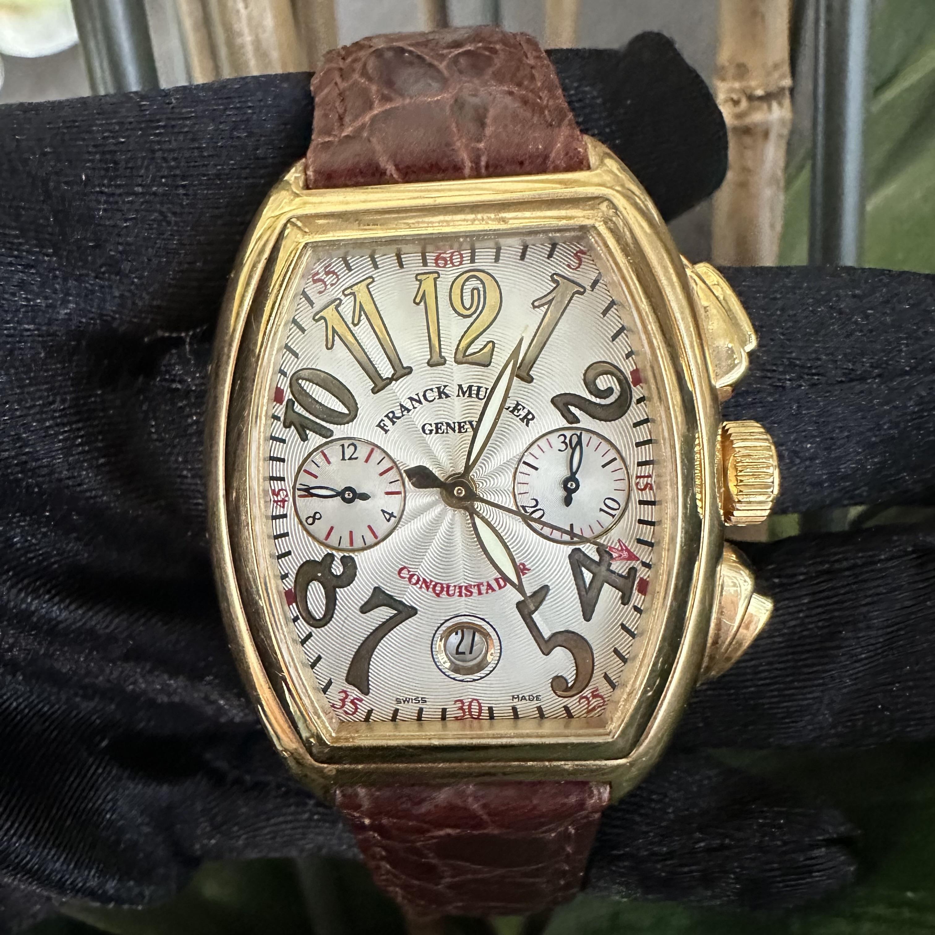 Franck Muller Conquistador 8002 CC Chronograph Uhr aus 18 Karat Gelbgold für Damen oder Herren