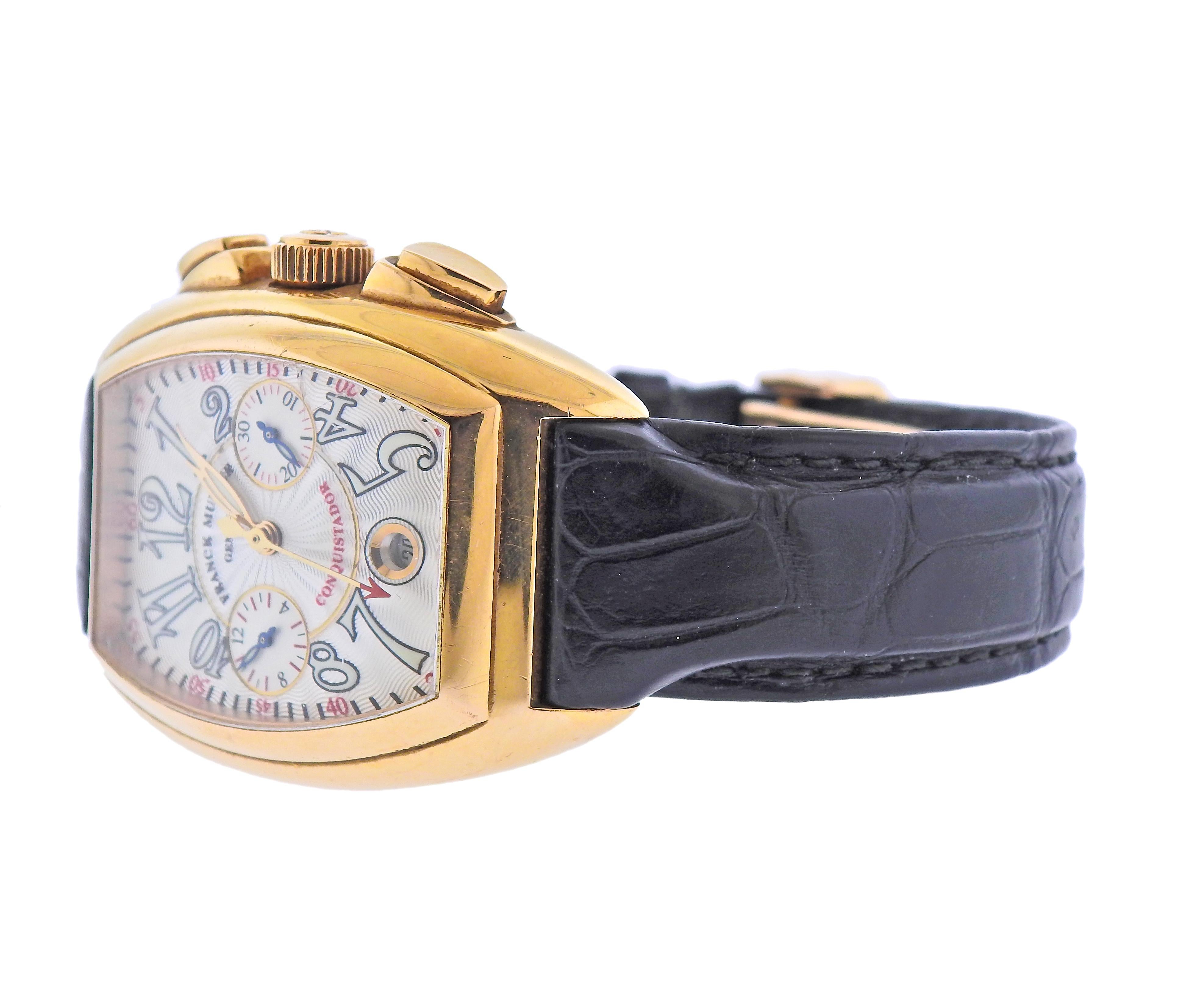18k yellow gold Conquistador watch by Franck Muller, ref. 8005 CC, chronograph, automatic movement ., Original 18k gold deployment buckle with leather band. Case - 33mm x 44mm. 