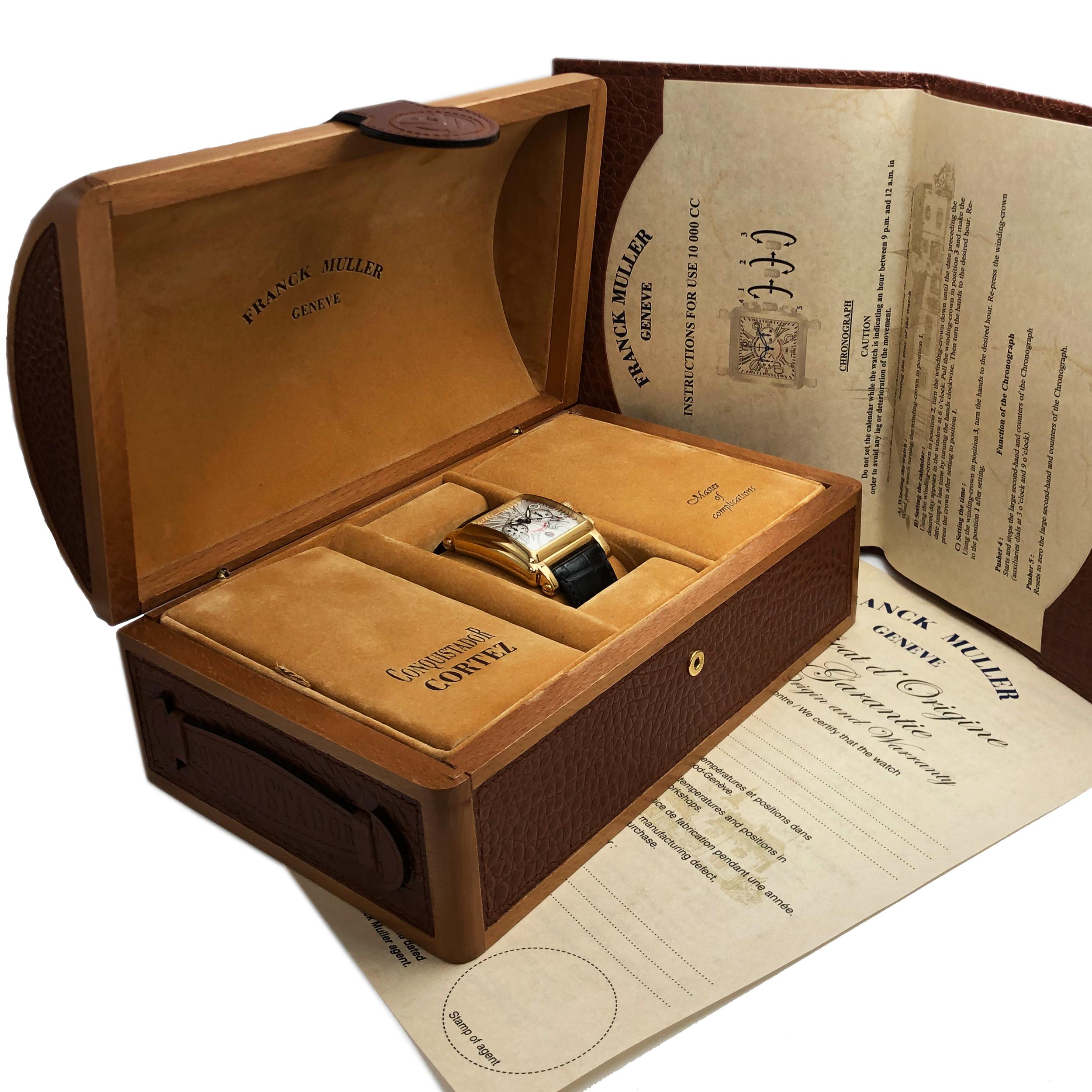 Franck Muller Conquistador Cortez 18k Gold Leather Automatic Mens Watch 10000 CC In Good Condition In New York, NY