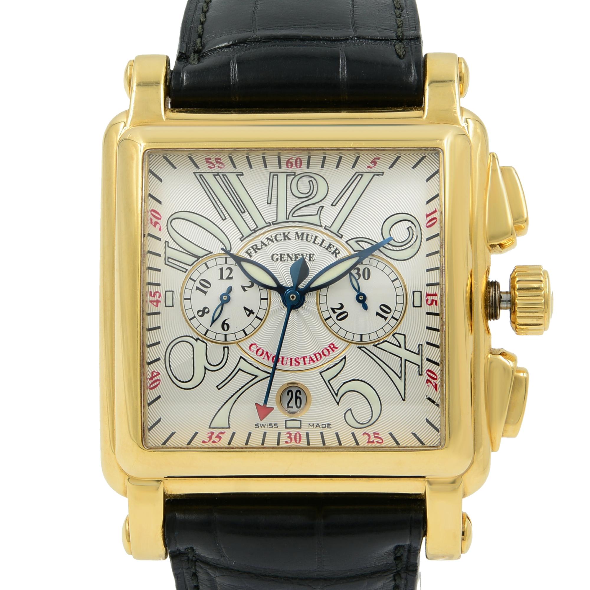 This pre-owned Franck Muller Conquistador  10000 CC is a beautiful men's timepiece that is powered by mechanical (automatic) movement which is cased in a yellow gold case. It has a square shape face, chronograph, date indicator dial and has hand
