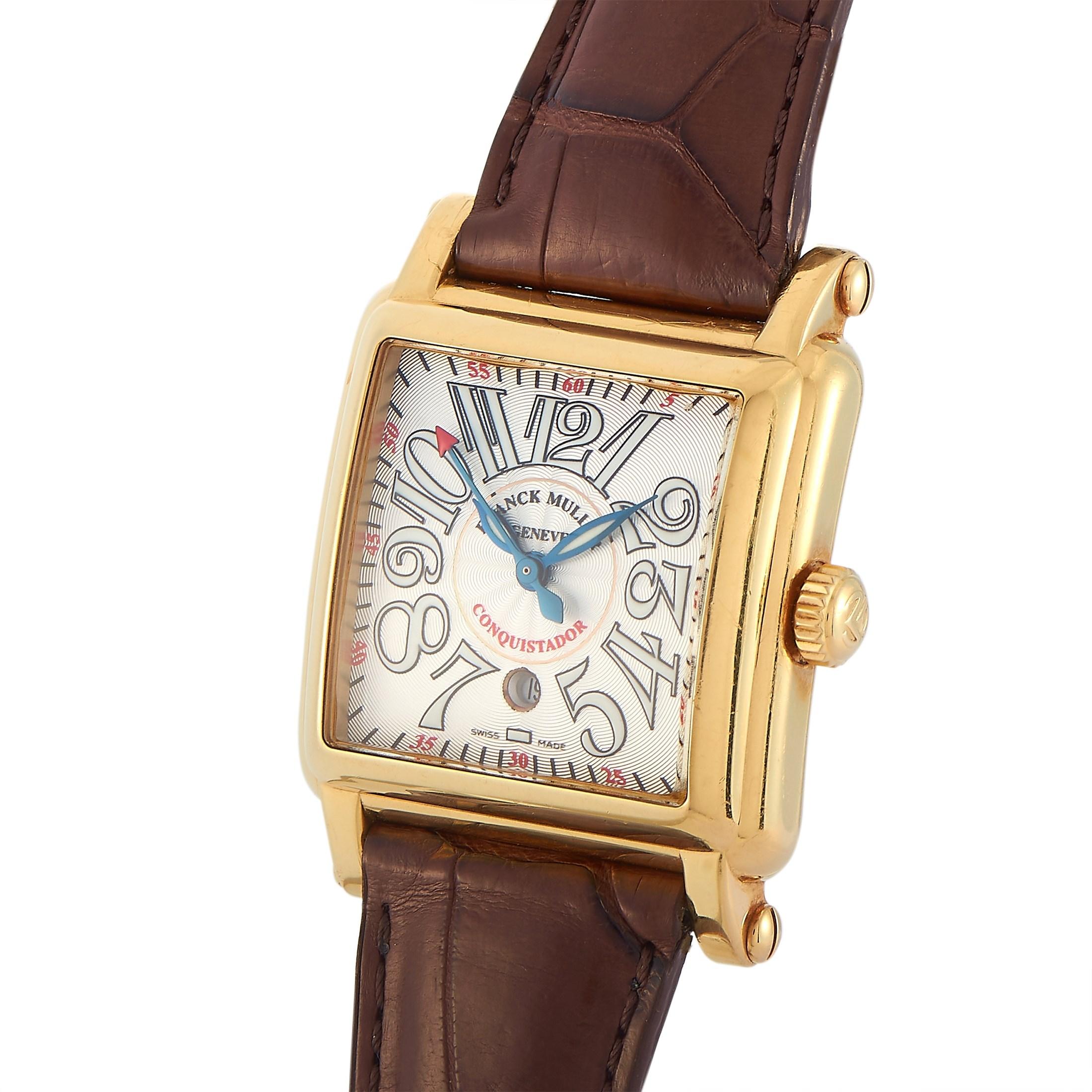Die Franck Muller Conquistador Cortez Uhr mit der Referenznummer 10000L verbindet auf wunderbare Weise eine künstlerische Sichtweise mit unbestreitbarem Luxus. 

Ein quadratisches Gehäuse mit den Maßen 31 x 31 mm ist das Markenzeichen dieser