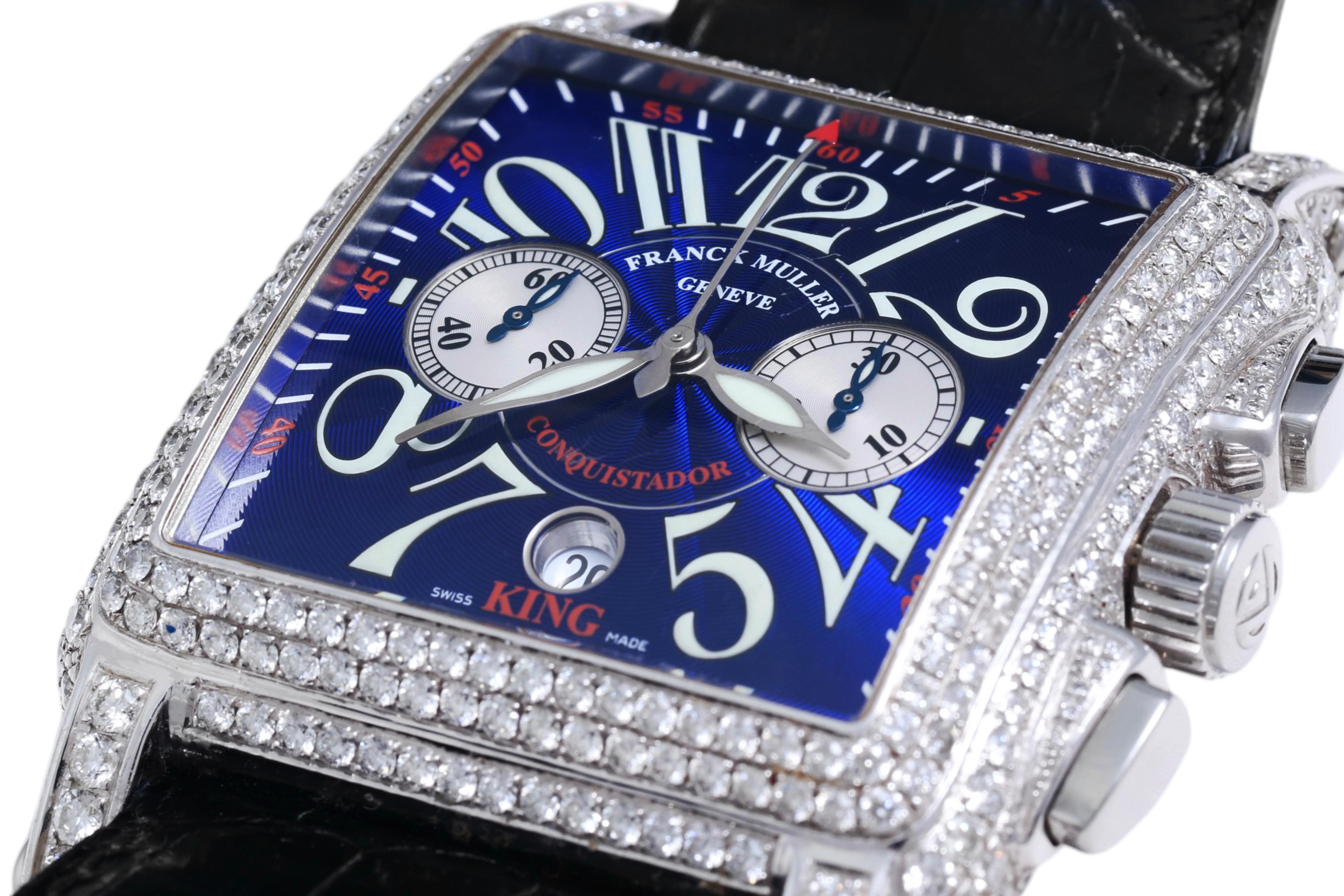Franck Muller Conquistador Cortez Ref 1000 CC King Full Pavé Diamonds

Movement : Mechanical Automatic Franck Muller Caliber, Self winding with Platinum Winding Rotor.

Size : 45 mm x 45 mm, length incl legs 59 mm, thickness 15 mm

Dial : Amazing