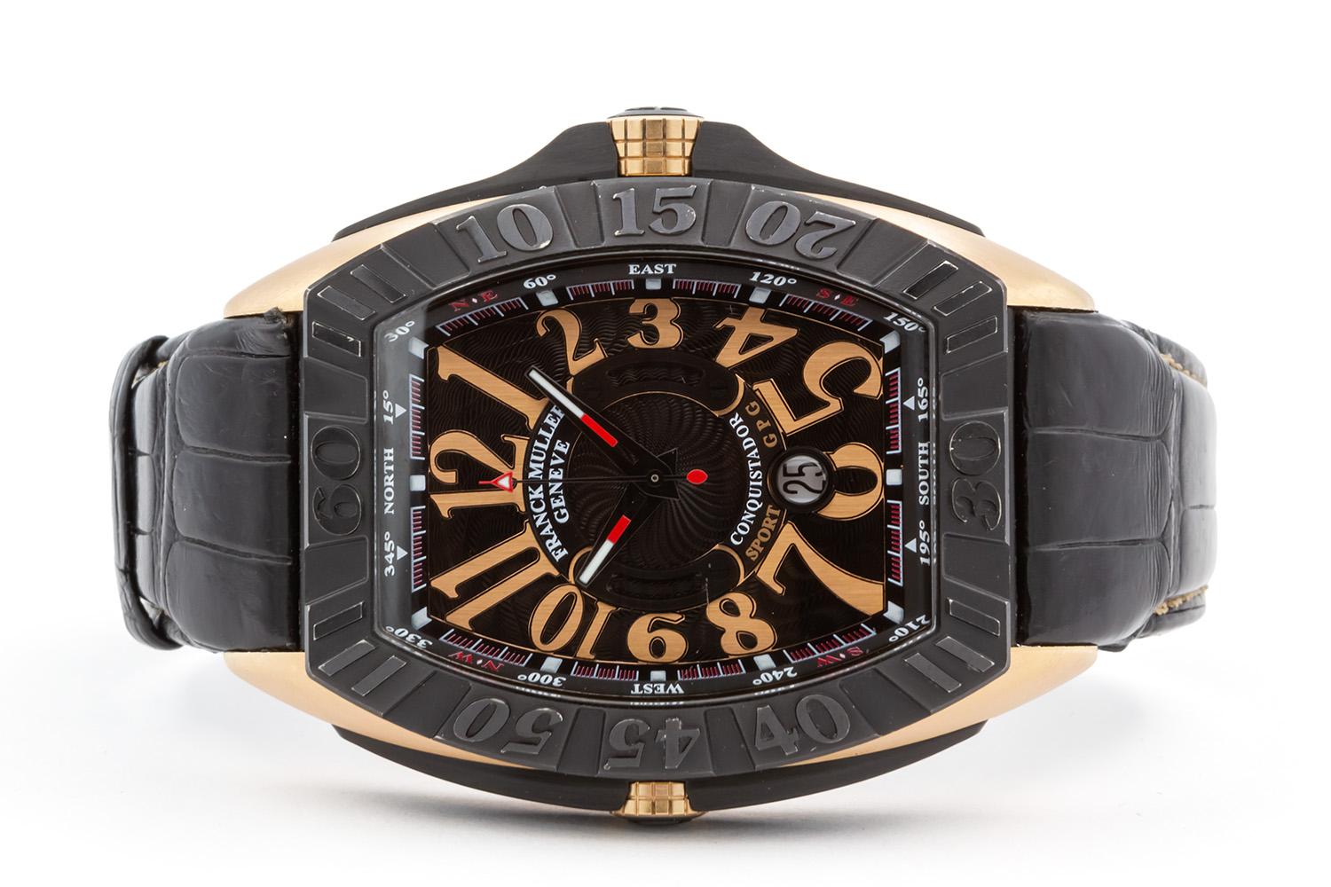 We are pleased to offer this Franck Muller Conquistador Grand Prix 9900 SC DT GPG. This watch features a 50mm 18k rose gold case, classic black Franck Muller Arabic dial with date aperture, black PVD bezel and case back, black alligator strap with