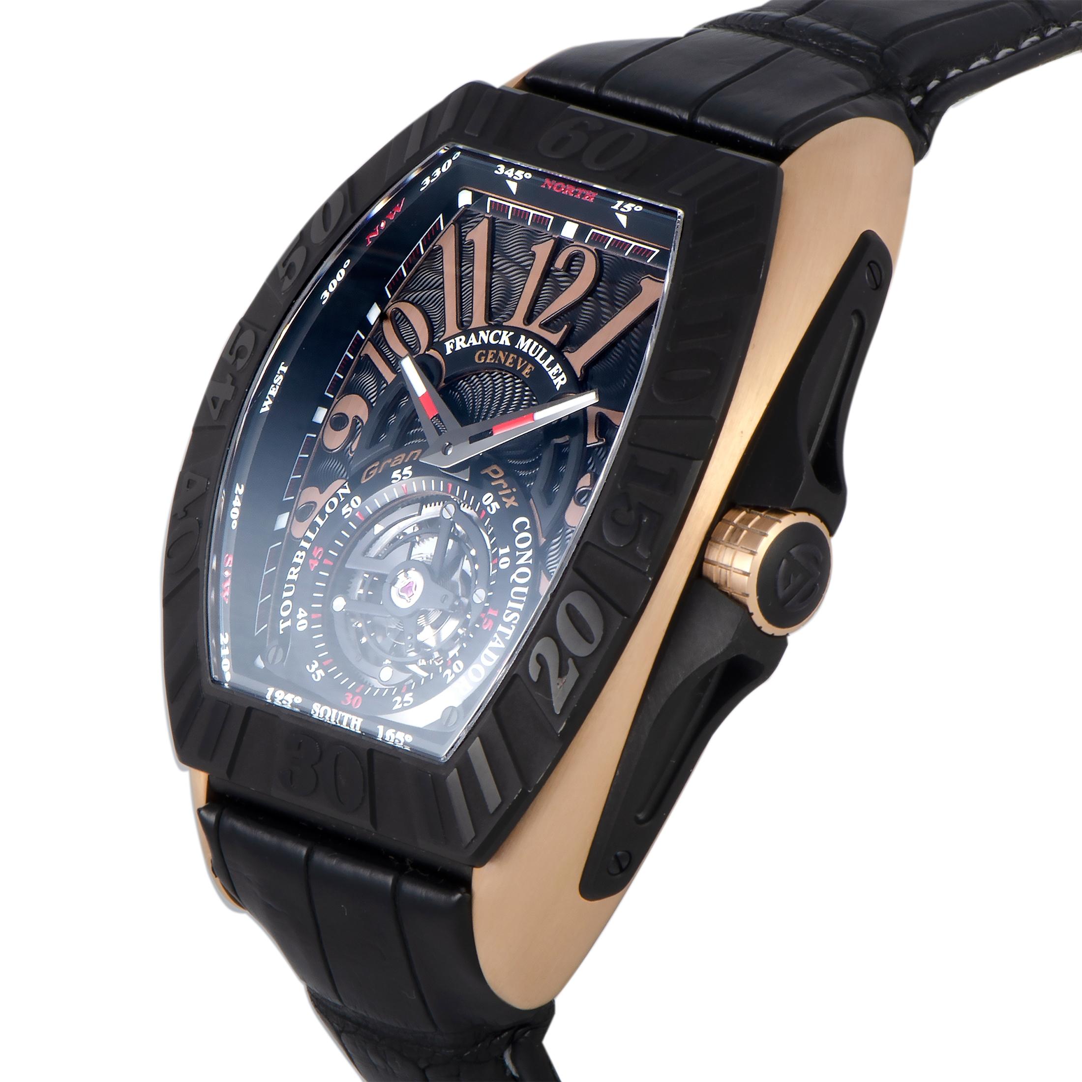 The Franck Muller Conquistador Grand Prix Tourbillon, reference number FM 9900 T GPG TT 5N, is presented with a case made of 18K rose gold and titanium that boasts see-through back. The watch is offered with a black dial with Arabic numerals and