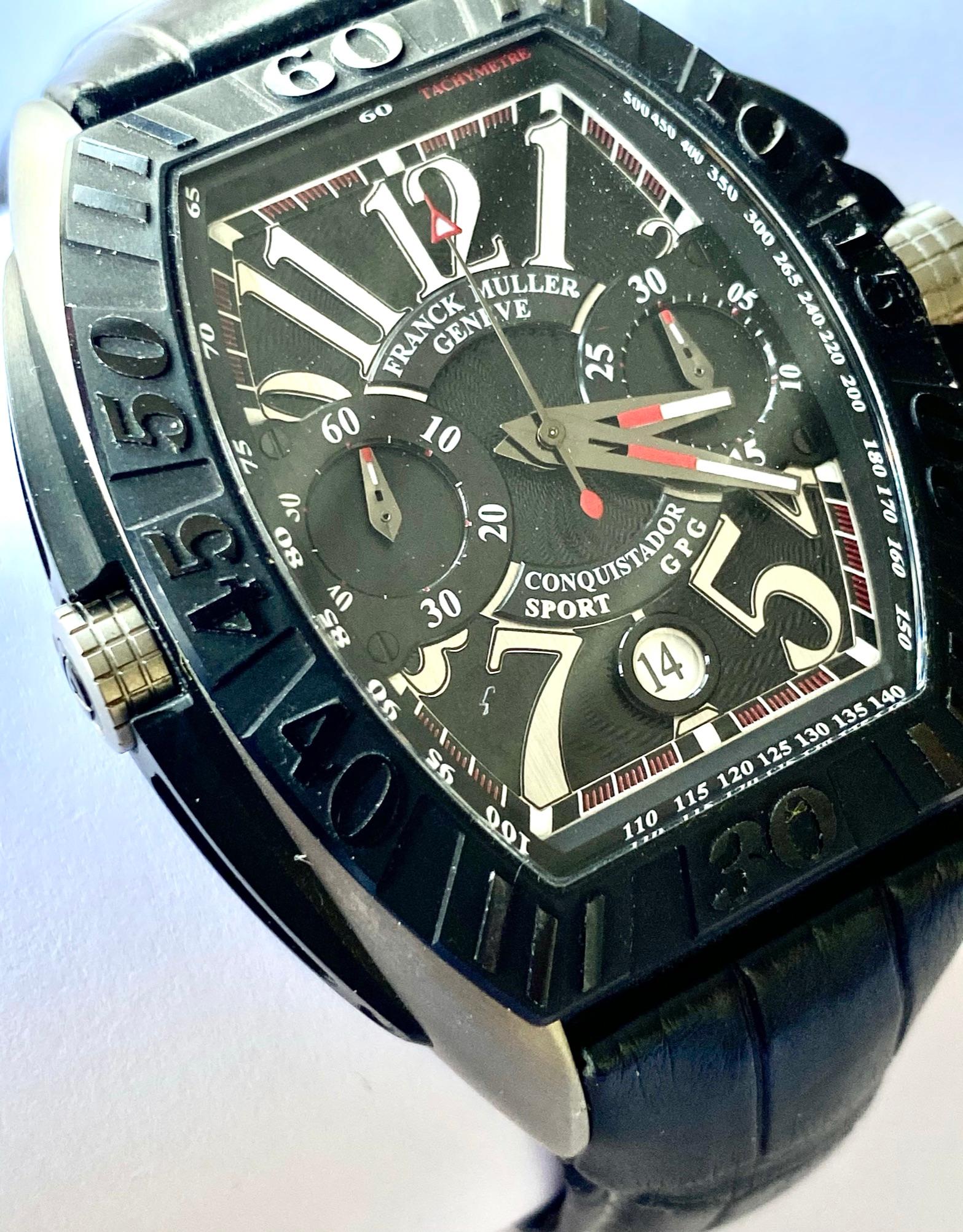 One. (1) Titanium GP Sports Watch with Chono function.
Brand: FRANCK MULLER  model nr: 8900 CC GP
New watch with cerificate and box Frank Muller  and original Franck Muller garantee
Kroko strap leather
Sice:   45 x 38 x 14 mm
