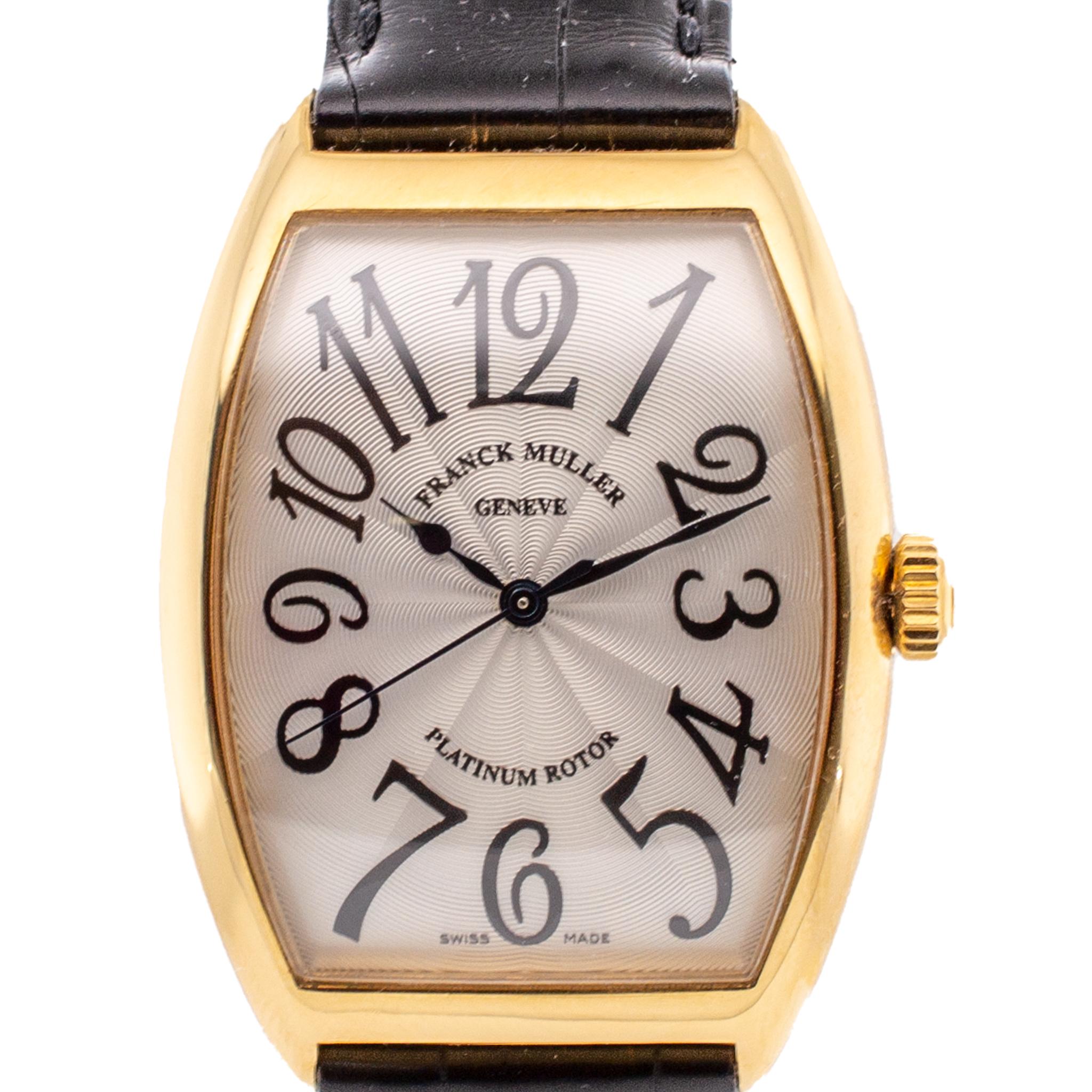 Brand: Franck Muller

Gender: Unisex

Case Material: 18K Yellow Gold

Total Weight: 81.70 grams.
 
Engraved with 