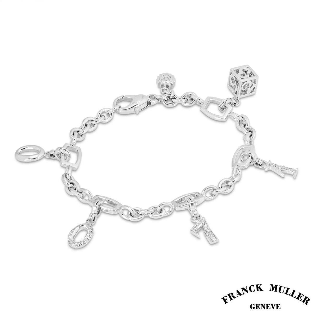 An 18k white gold charm bracelet from the Talisman collection by Franck Muller. The body of the bracelet is made up of a trace link chain, intermittently set through the centre with 5 rectangular open work intervals and a small iconic Franck Muller