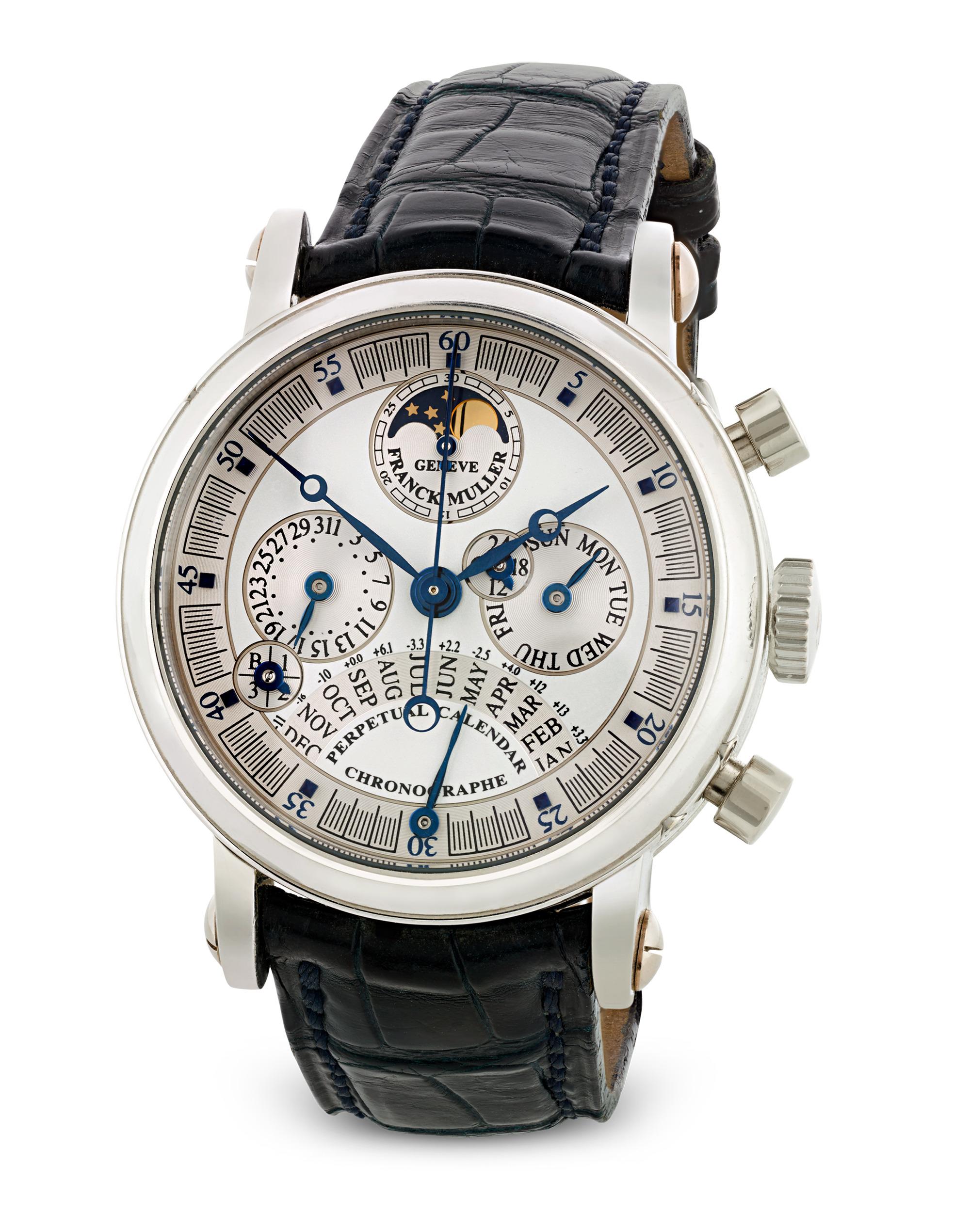 An extraordinary example of haute horology, this Franck Muller Reference 7000 QPE DF 36 double dial perpetual calendar chronograph is Serial No. 6 of a highly limited edition, making it exceptionally rare. Crafted in platinum, this wristwatch