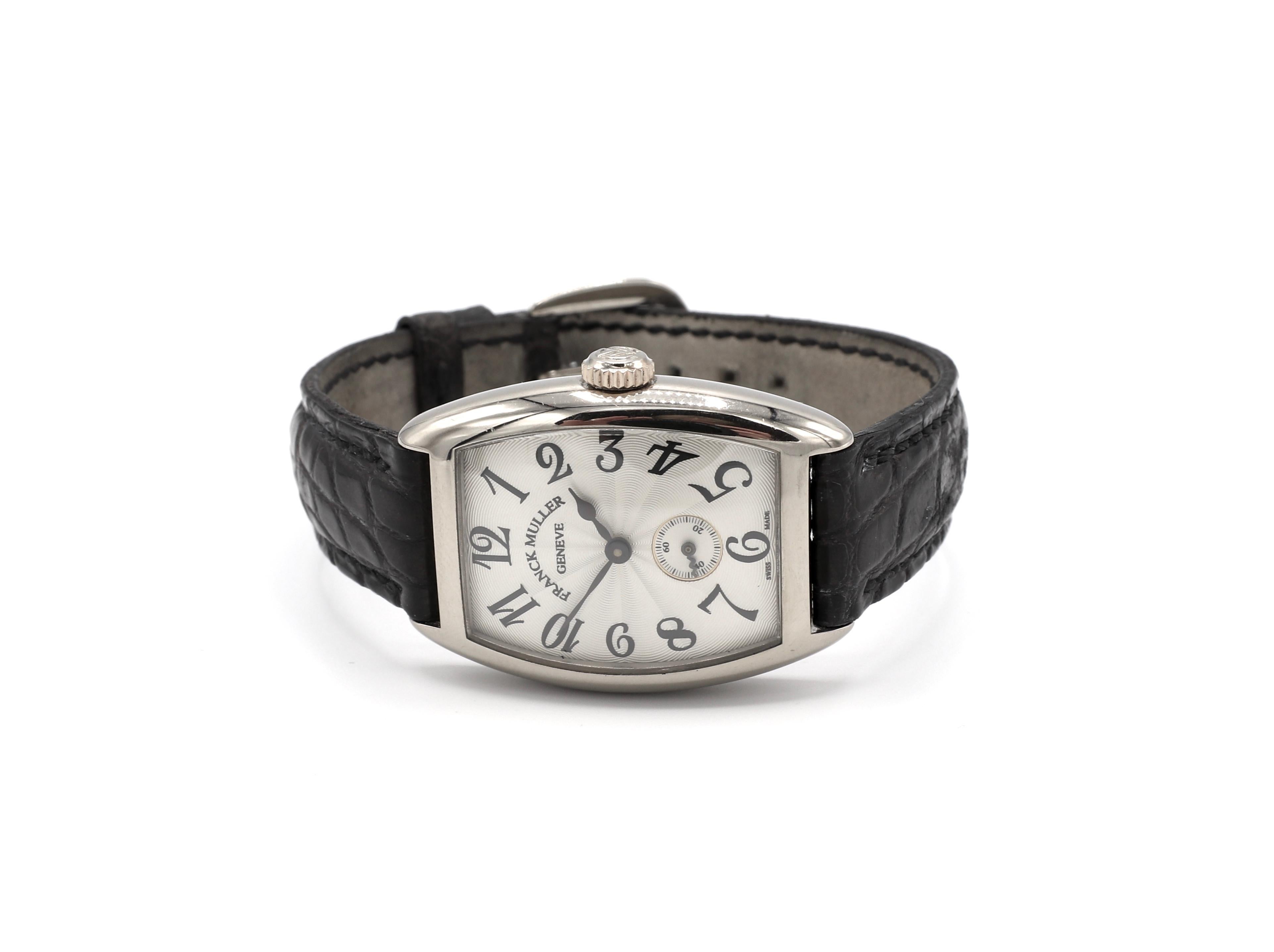 Franck Muller Genève, Cintrée Curvex 18K White Gold 1752 S6 Leather Strap Watch 

Reference: 1756 S6
Metal: 18k white gold
Case: 34mm x 24mm
Dial: Silver
Crystal: Sapphire
Movement: Automatic 
Strap: Black crocodile, slight signs of wear as