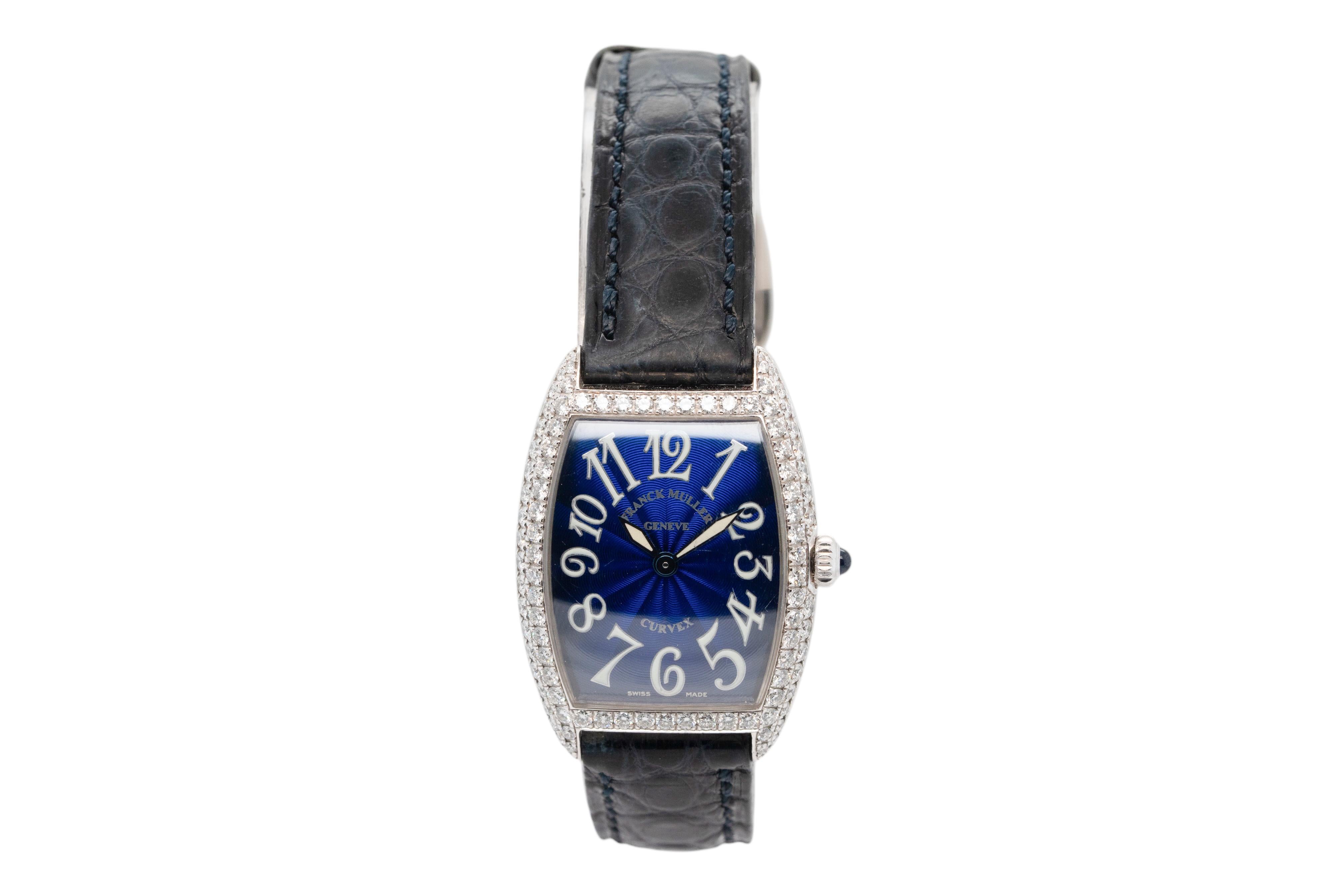 Aesthetic Movement Franck Muller Geneve Cintree Curvex Blue Dial with Diamond 18k White Gold Watch For Sale