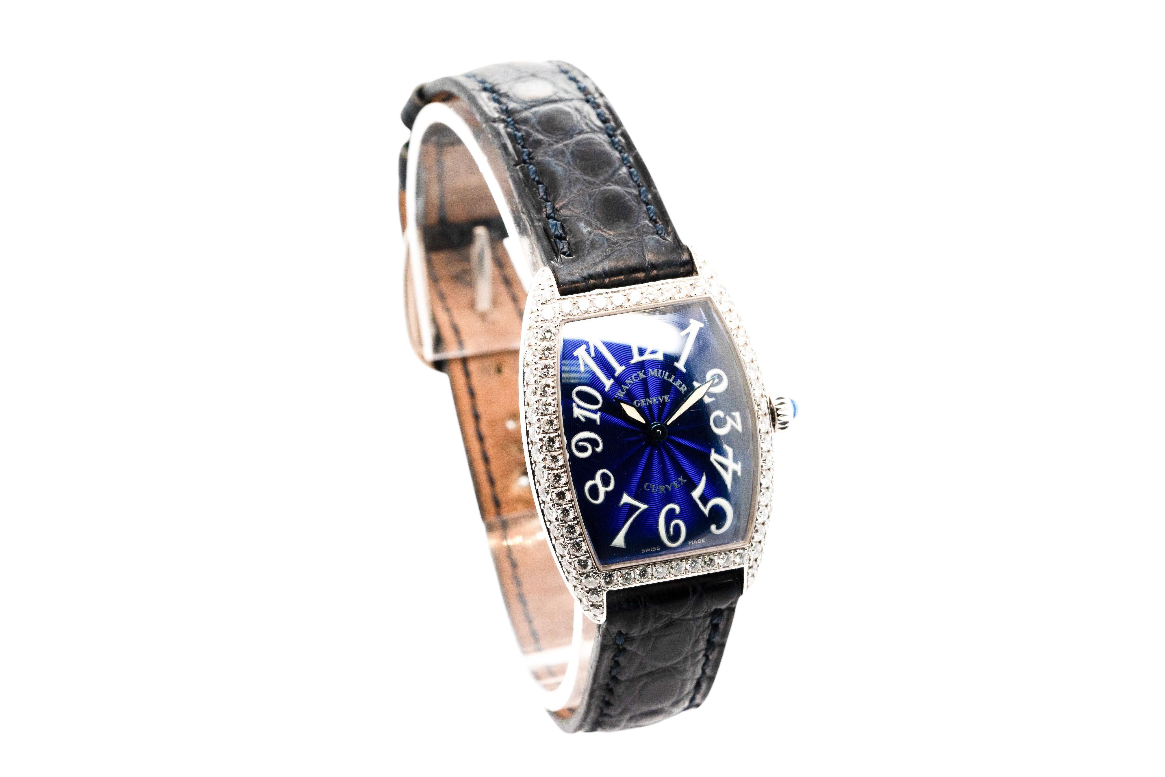 Round Cut Franck Muller Geneve Cintree Curvex Blue Dial with Diamond 18k White Gold Watch For Sale