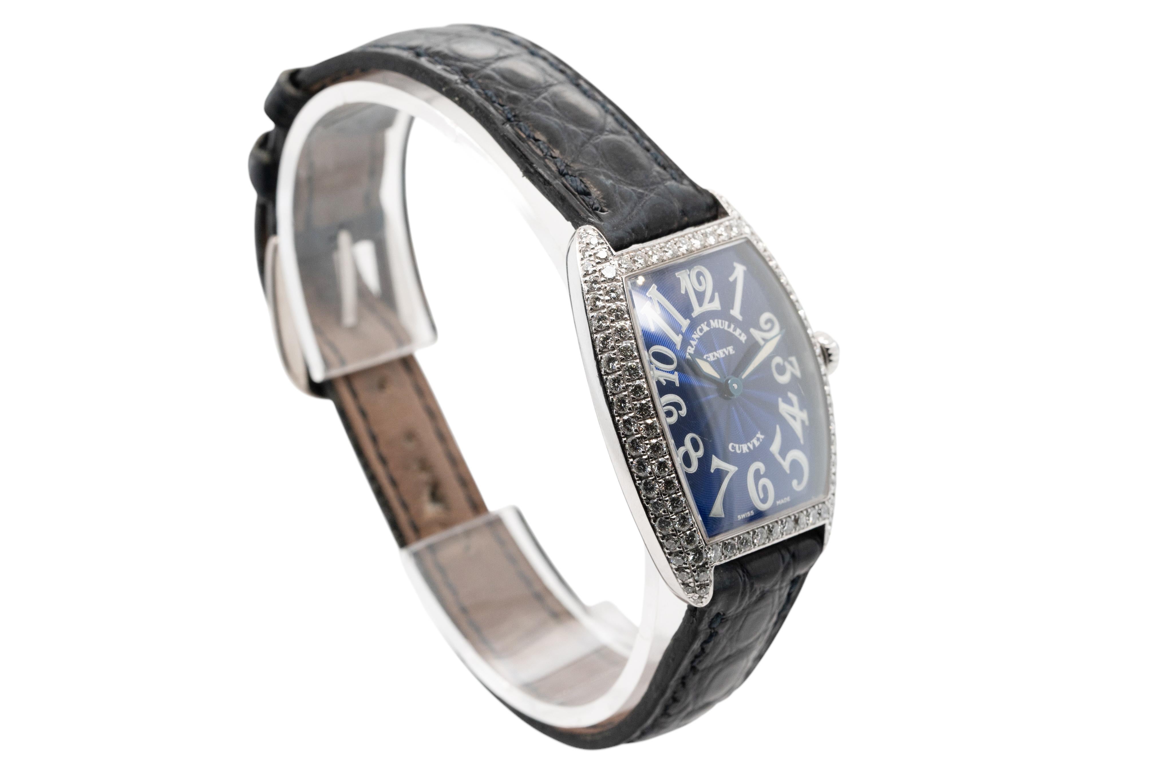 Franck Muller Geneve Cintree Curvex Blue Dial with Diamond 18k White Gold Watch In Excellent Condition For Sale In Boca Raton, FL