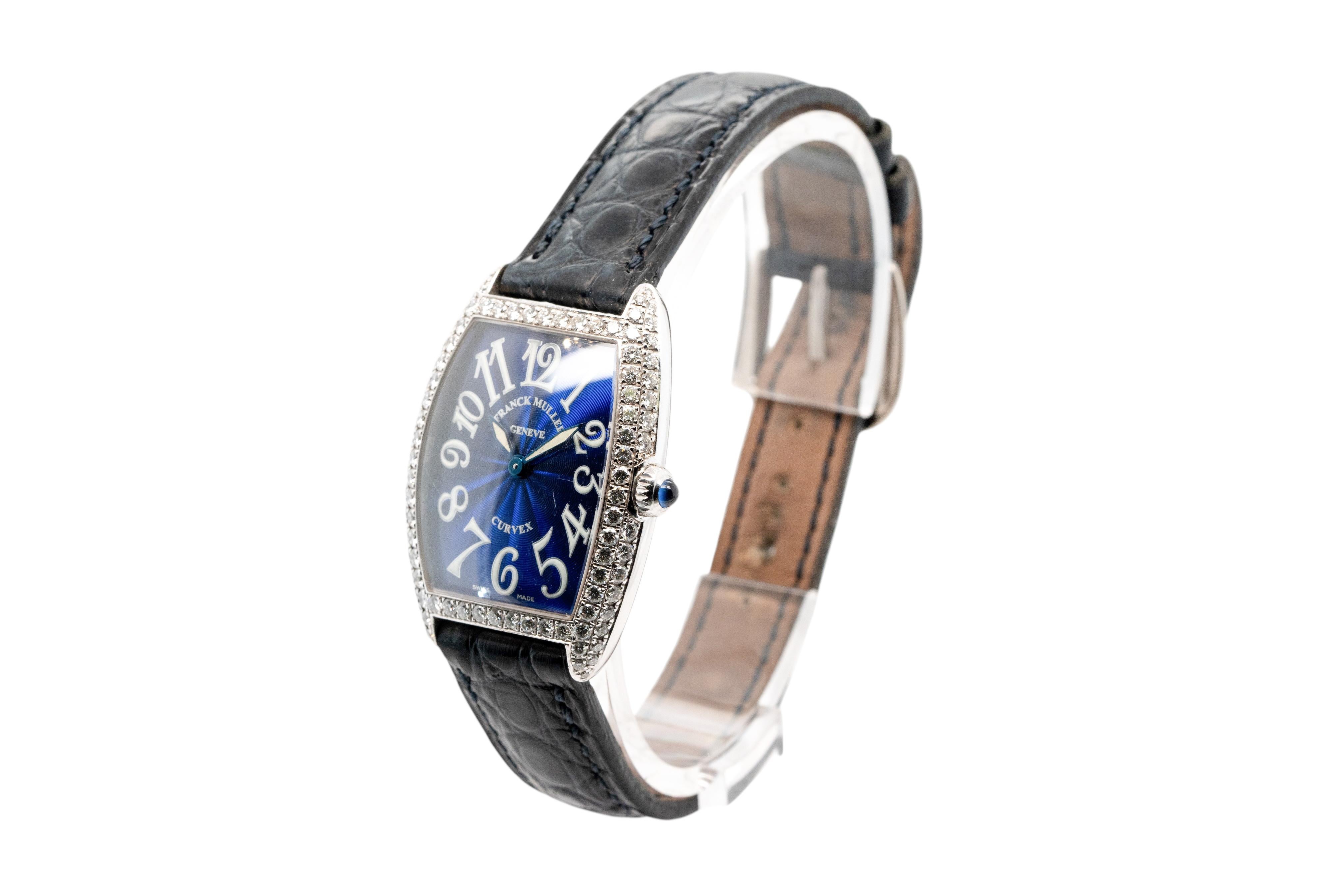 Franck Muller Geneve Cintree Curvex Blue Dial with Diamond 18k White Gold Watch For Sale 1
