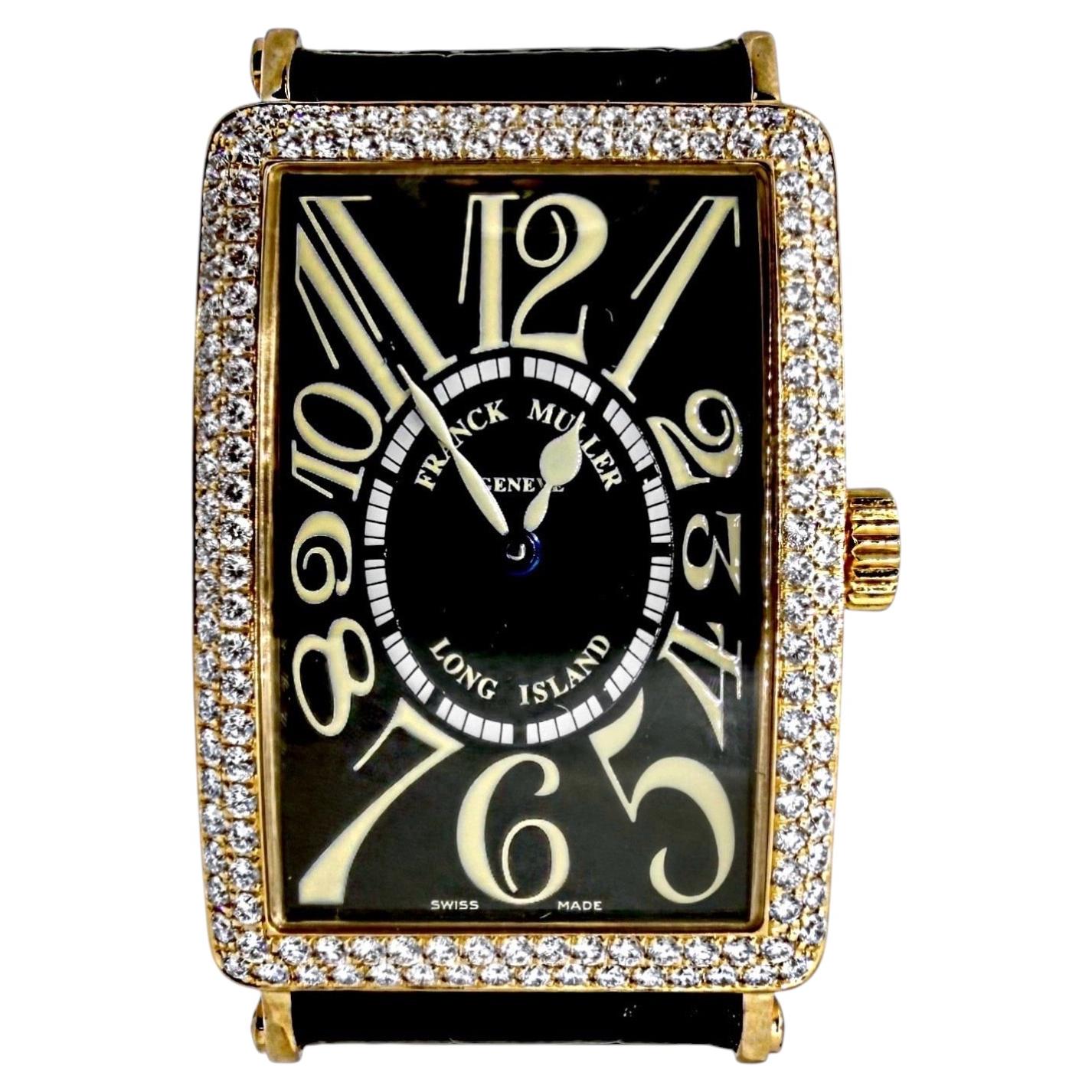 Franck Muller Gold Long Island Model Automatic Diamond Bezel Wrist Watch For Sale