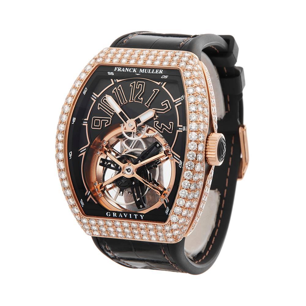 Ref: COM1593
Manufacturer: Franck Muller
Model: Gravity
Model Ref: V 45 T CS D 5N NR
Age: 
Gender: Mens
Complete With: Box, Manuals & Guarantee
Dial: Black Arabic
Glass: Sapphire Crystal
Movement: Mechanical Wind
Water Resistance: To Manufacturers