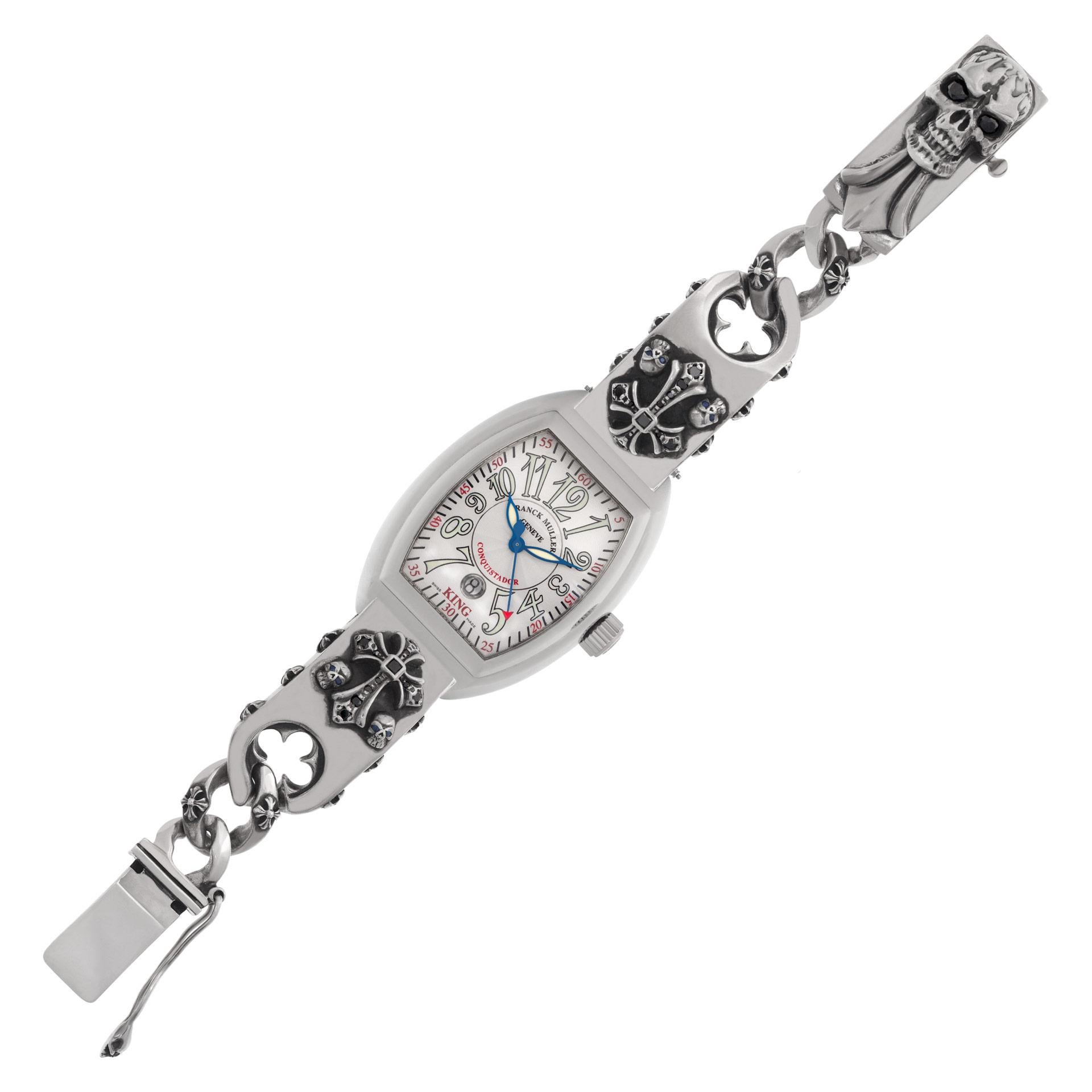 Franck Muller King Conquistador in stainless steel on custom sterling silver skull and cross bracelet with black and blue sapphires. Auto, date and sweep-seconds. Ref 8005 SC King. Circa 2000s. Fine Pre-owned Franck Muller Watch.  Certified preowned