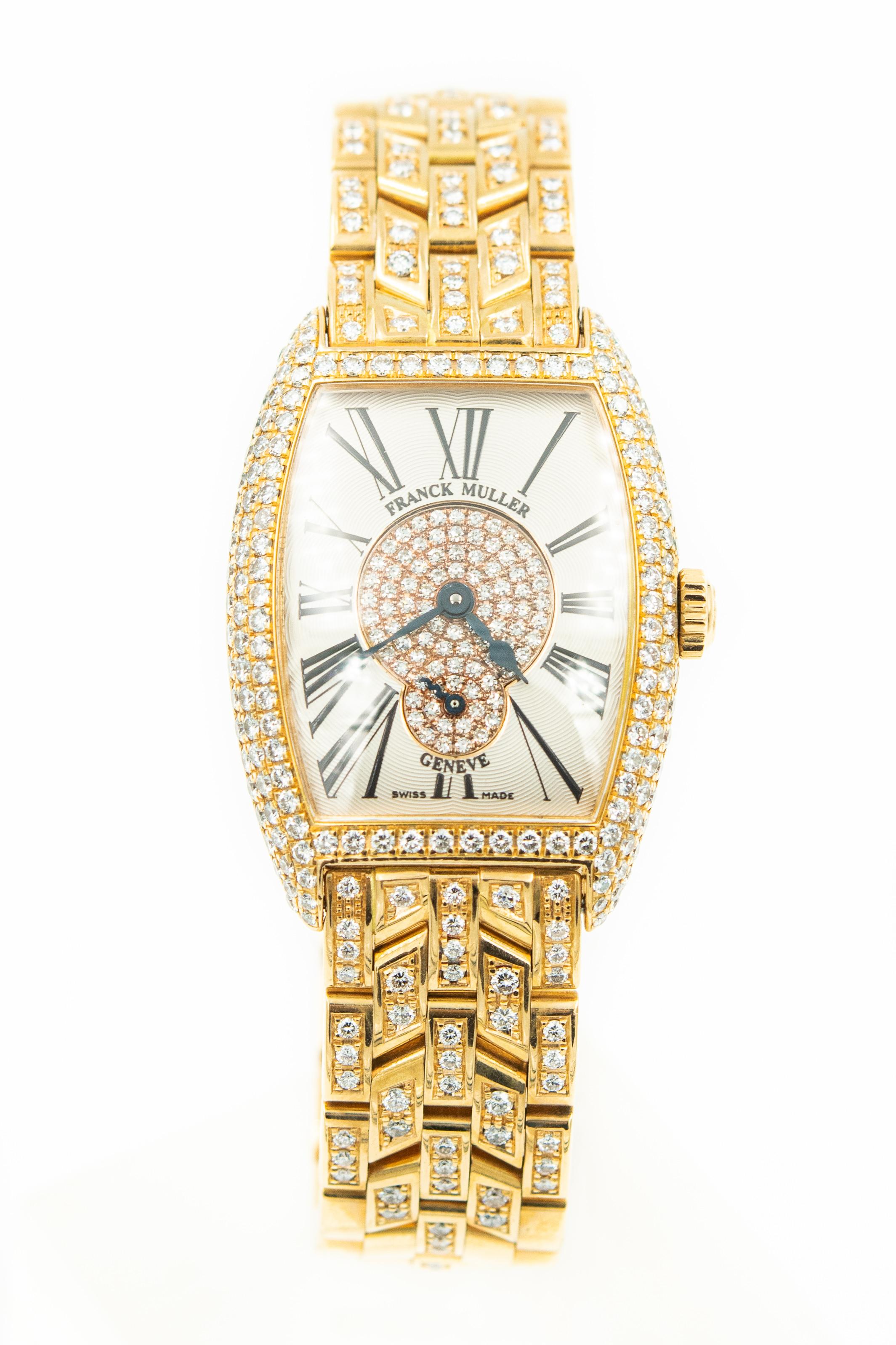 Franck Muller ladies Cintree Curvex manual wristwatch Ref. 1751 SG D CD consisting of 18k rose gold case and bracelet with diamonds on the dial, bezel and at the front section of the band.  The case is set with 157 brilliant-cut diamonds.  The