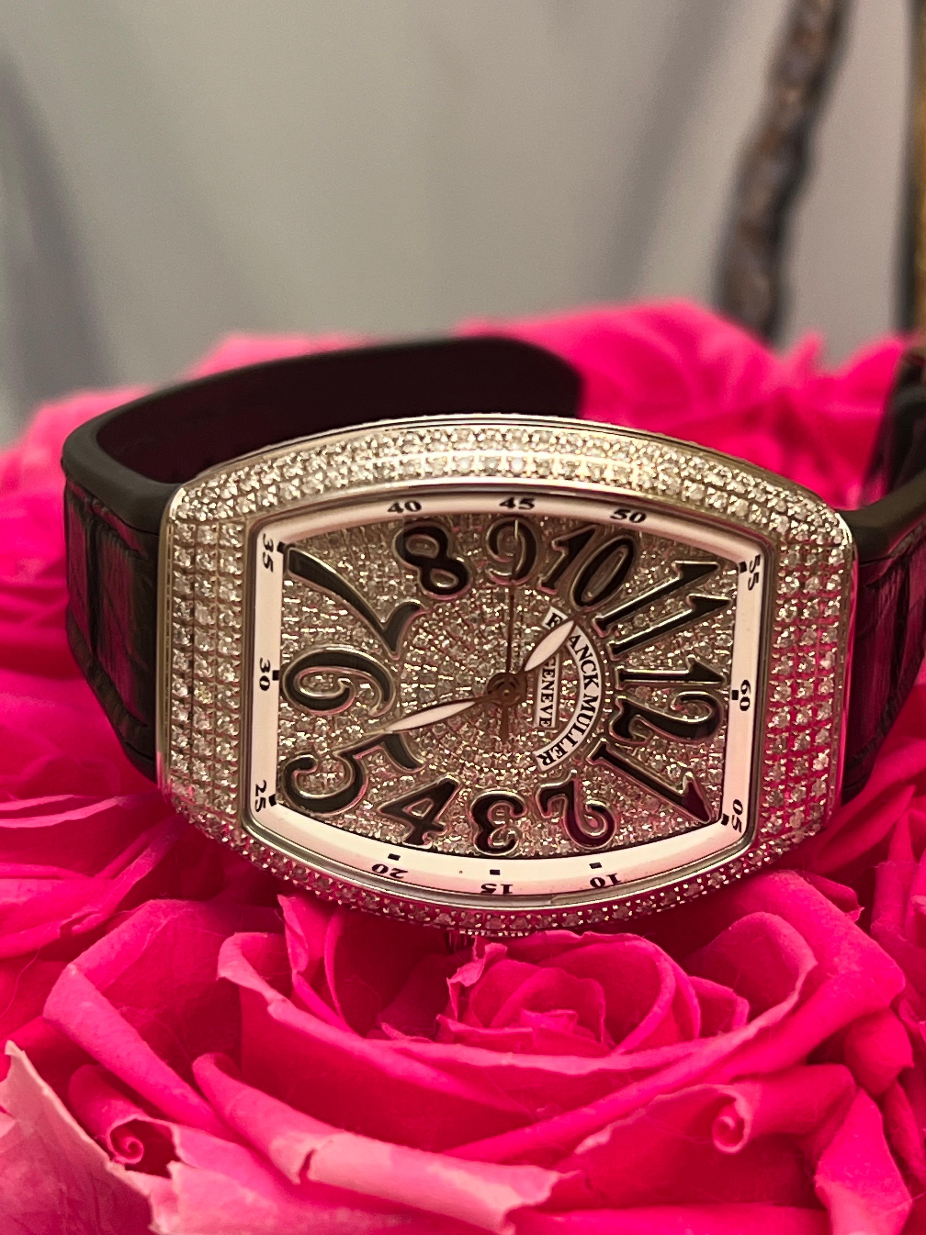 Round Cut Franck Muller Lady Vanguard V 32 Black Band Diamond Timepiece Watch For Sale