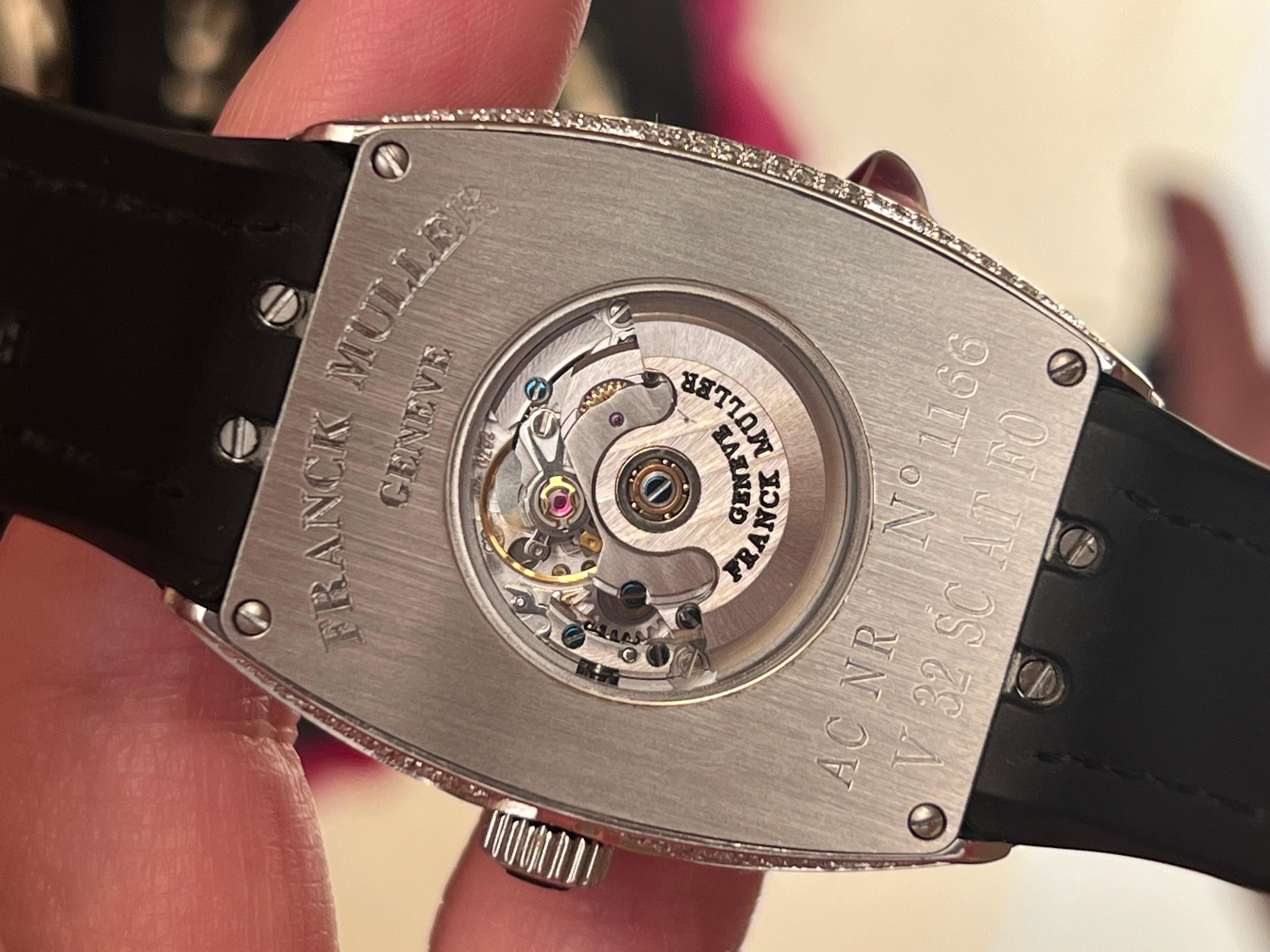 Franck Muller Lady Vanguard V 32 Black Band Diamond Timepiece Watch In Excellent Condition For Sale In New York, NY