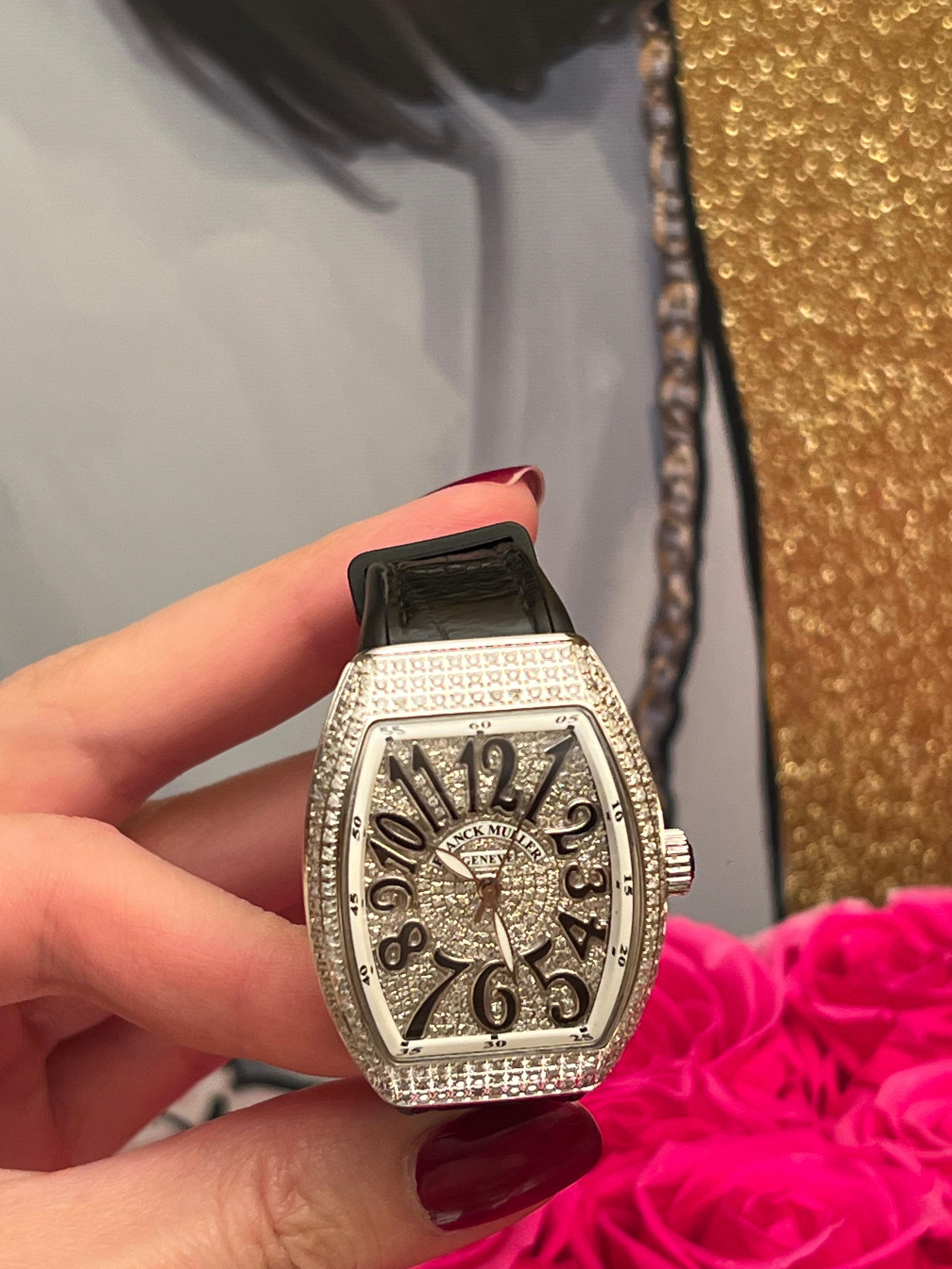 Franck Muller Lady Vanguard V 32 Black Band Diamond Timepiece Watch For Sale 2