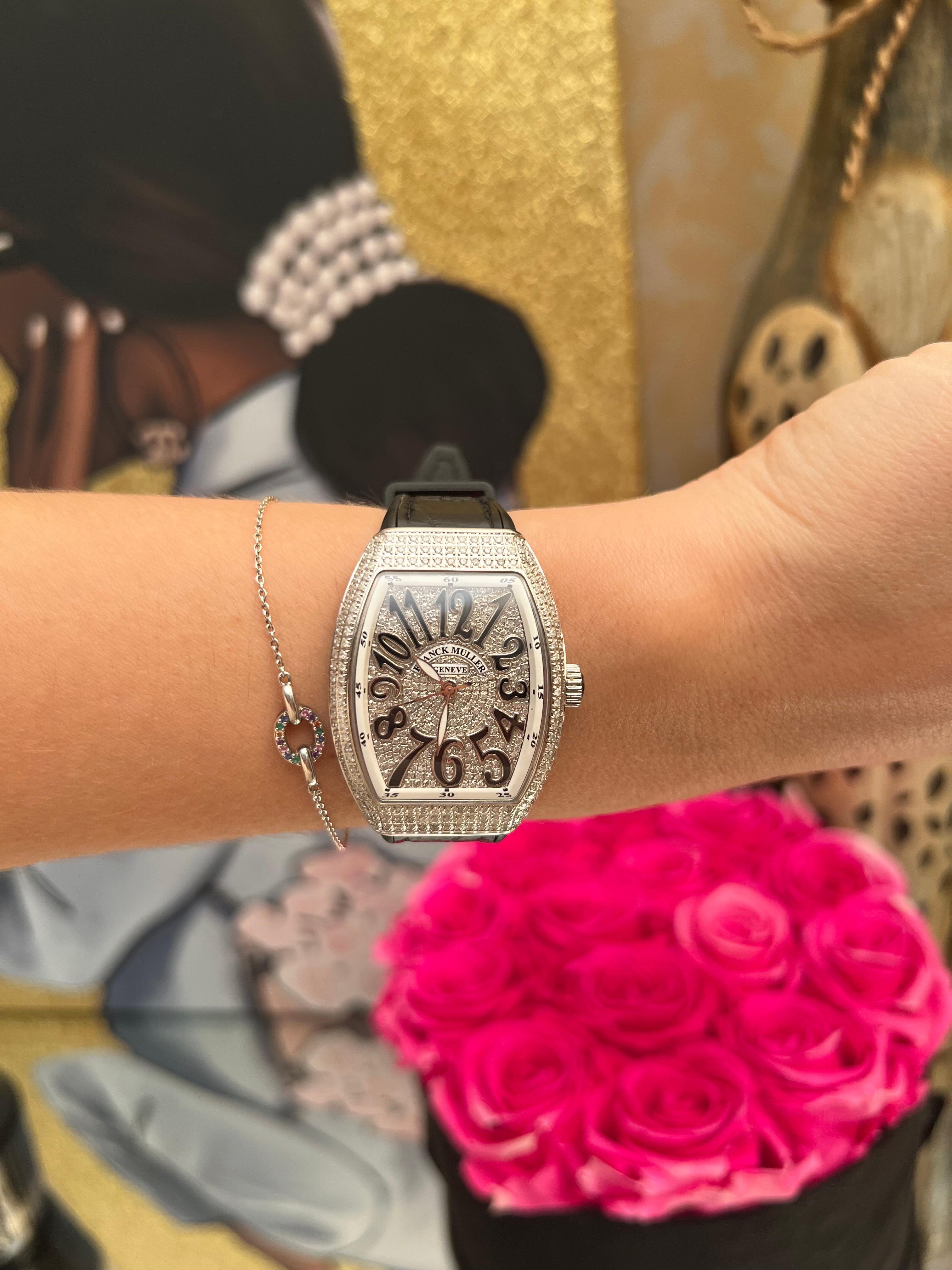 Franck Muller Lady Vanguard V 32 Black Band Diamond Timepiece Watch For Sale 3