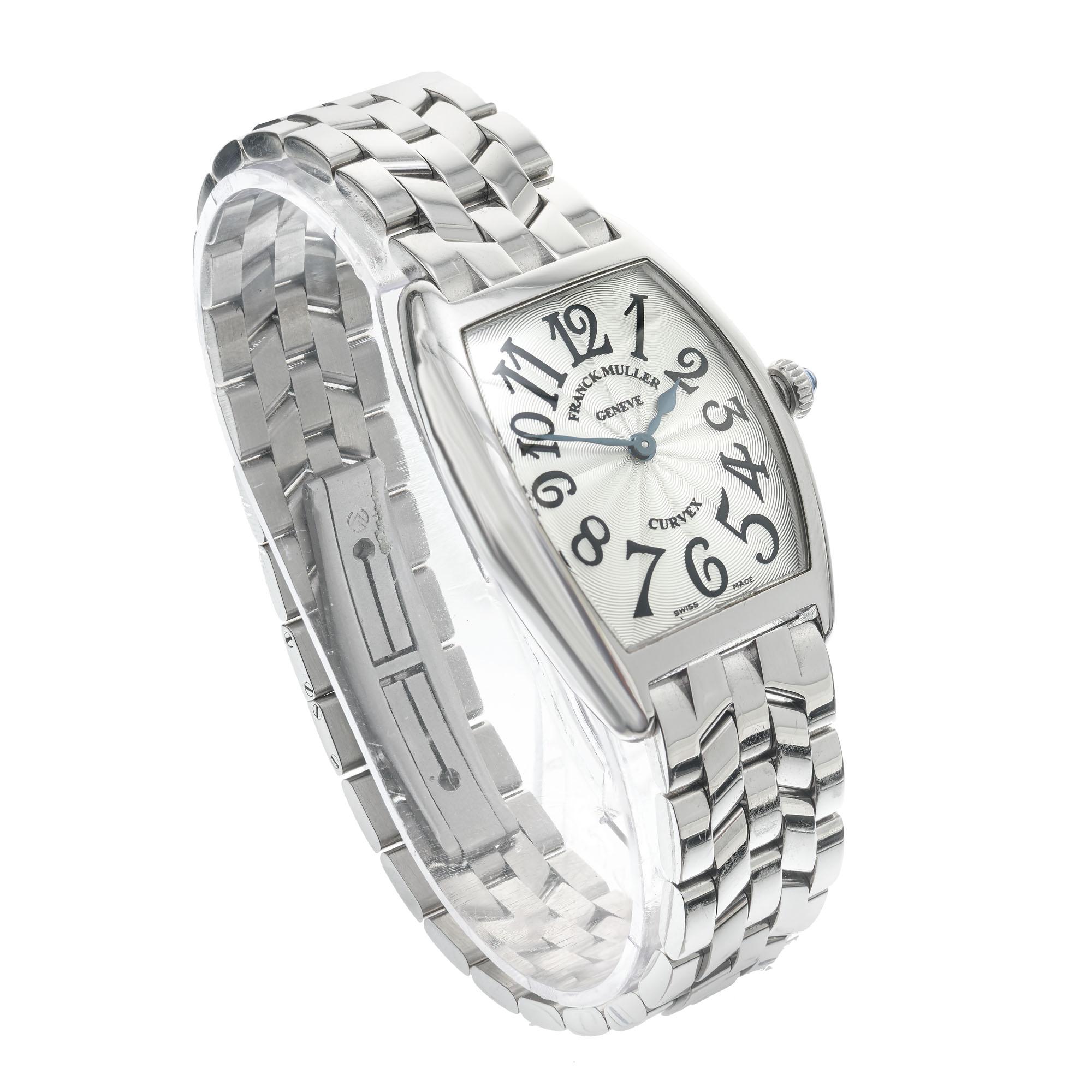 Franck Muller lady's stainless steel Curvex wristwatch 

Stainless steel
Bracelet length: 7 5/8 inches
Width without crown: 24.88mm
Width with crown: 27.87mm
Bracelet width at case: 14.08mm 
Case thickness: 7.58mm
Bracelet: Stainless