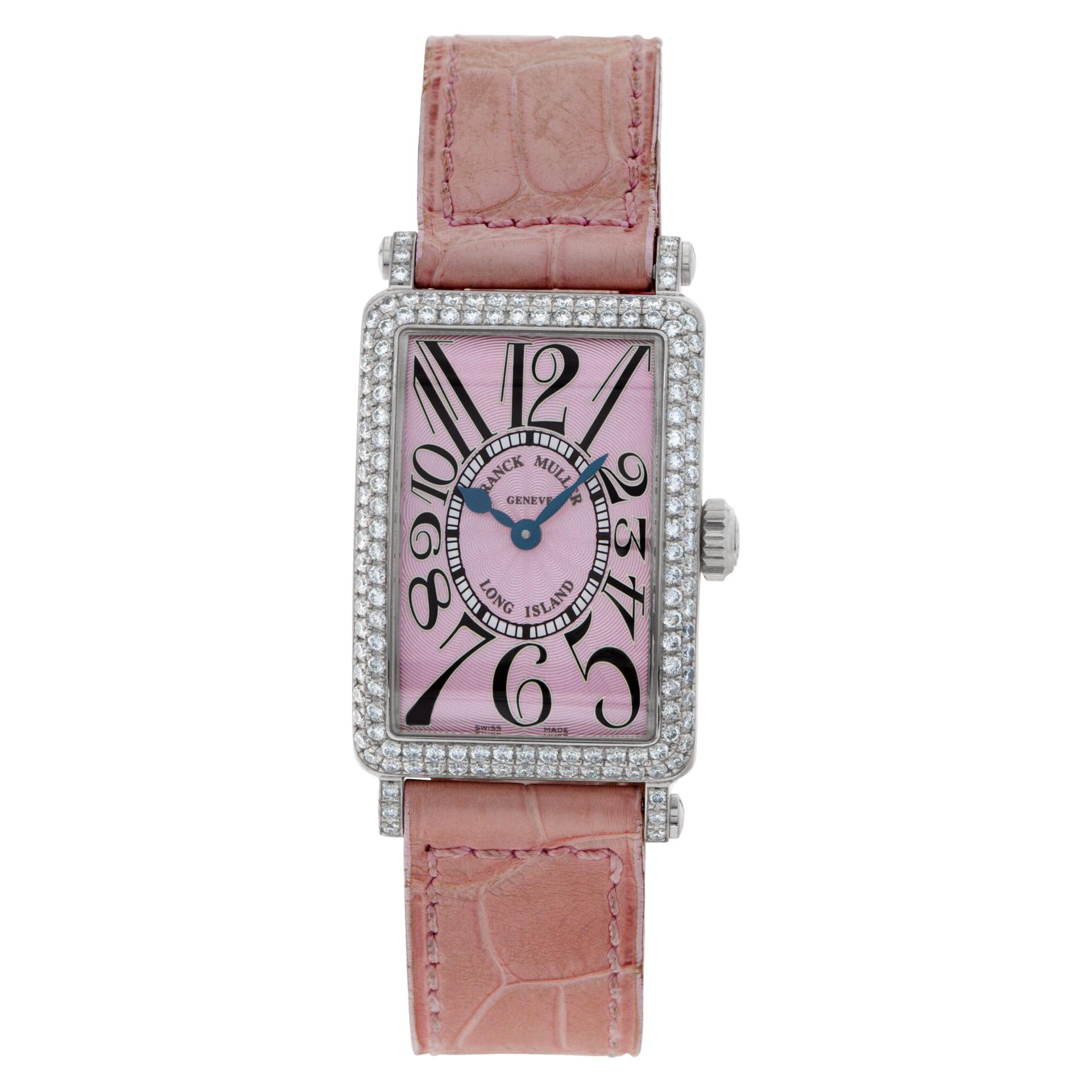 ESTIMATED RETAIL: $21,500 YOUR PRICE: $12,500 - Franck Muller Long Island Master of Complications with pink guilloche dial, 2-row diamond bezel, and diamond lugs 18k white gold on leather strap with 18k white gold tang buckle with diamond accents.