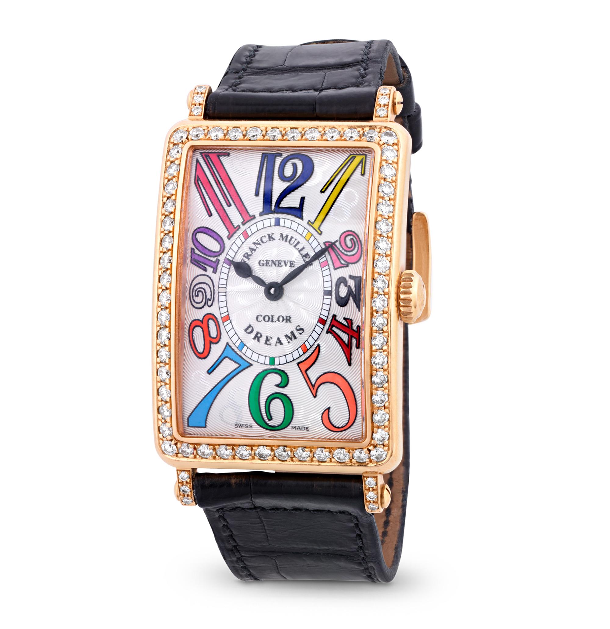 This Franck Muller Long Island Color Dreams watch exudes playful sophistication with its rectangular 18K rose gold case, polished flanks and dazzling hand-set diamond bezel. The white, engine-turned dial features vibrant exploding Arabic numerals,