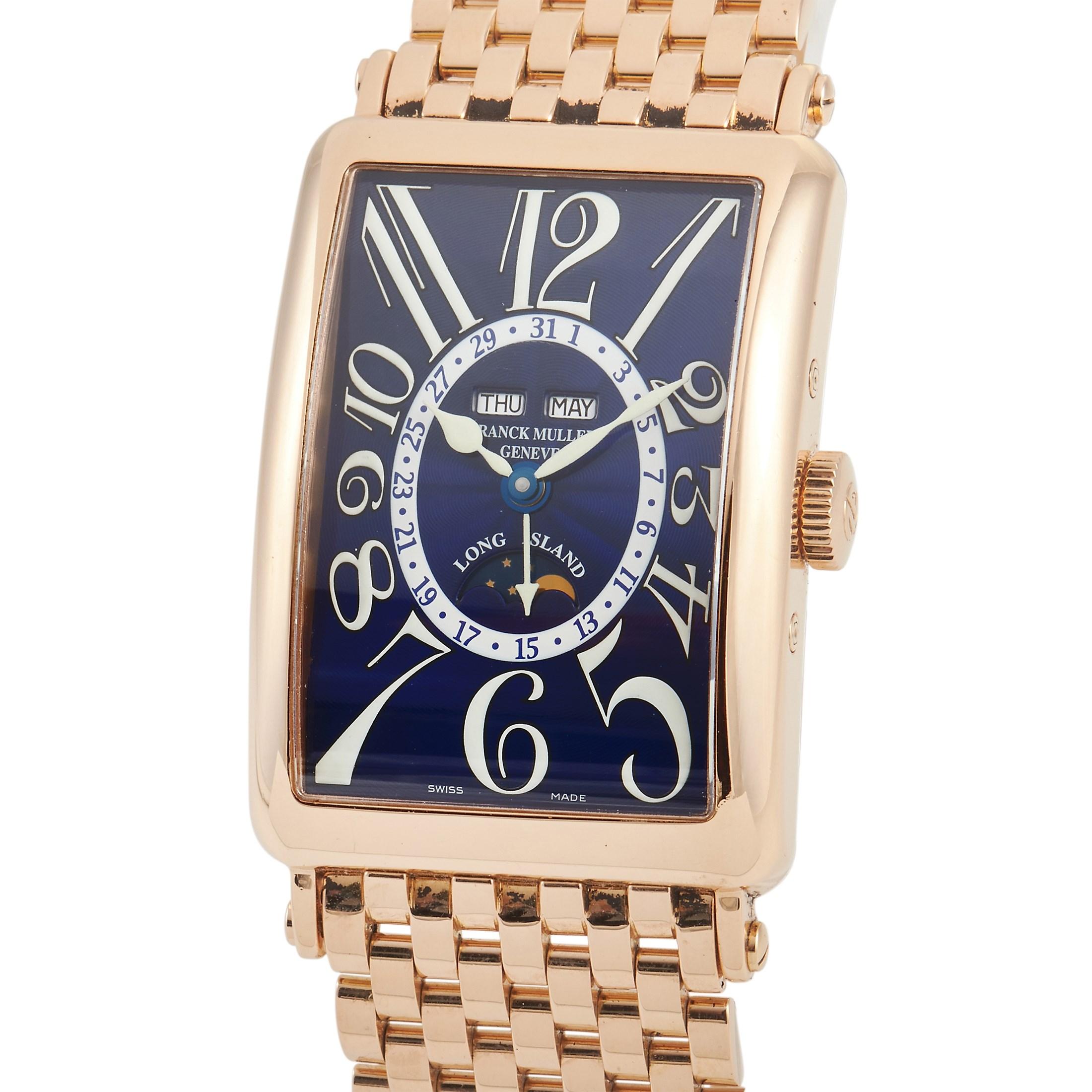 The Franck Muller Long Island Master Calendar Watch, reference number 1200-MC-L, is a timepiece that is unlike any other. 

The beauty of this piece begins with the rectangular case, which measures 32 x 45 mm and is made from 18K Yellow Gold. A