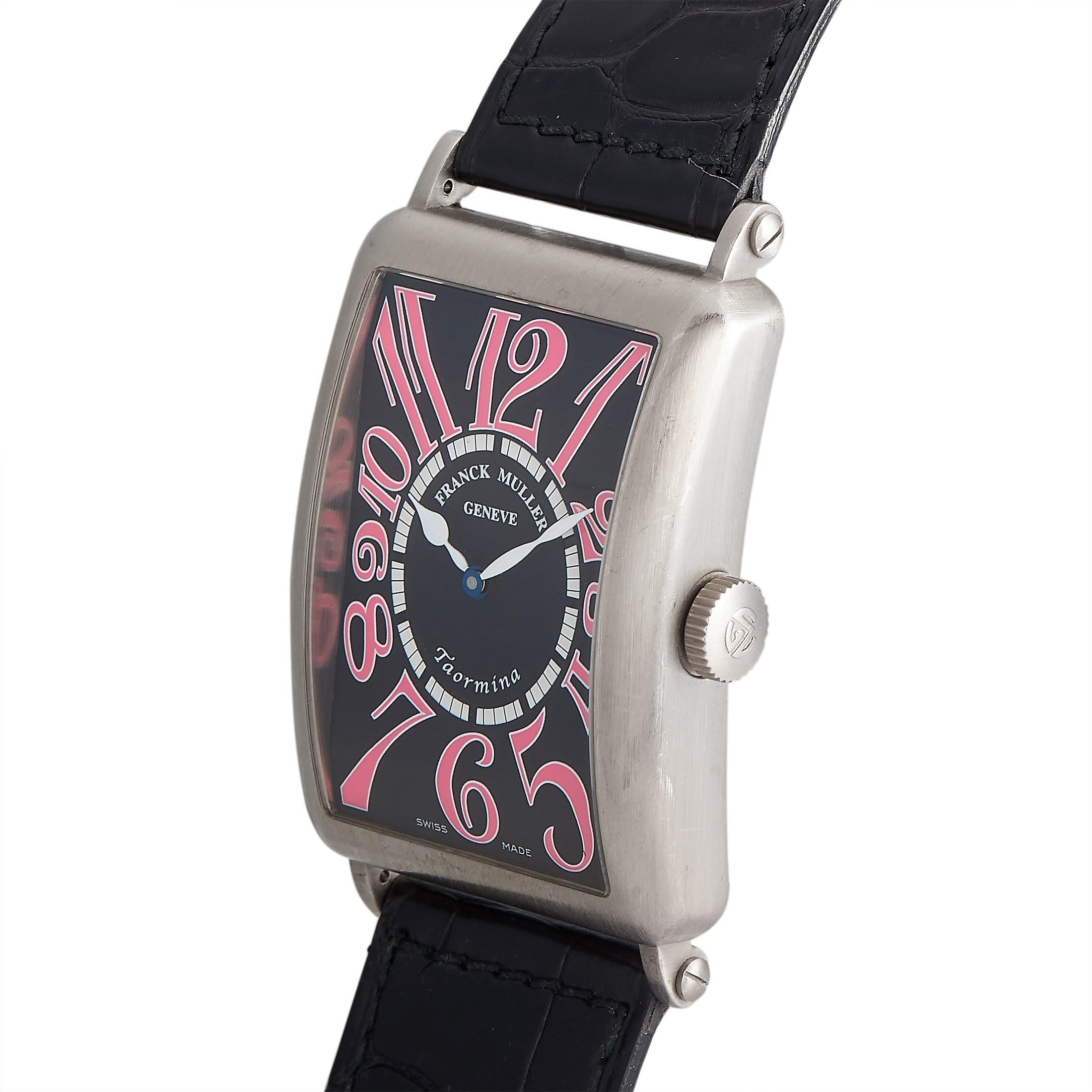The Franck Muller Long Island Watch, reference number 1200, pays tribute to the iconic Art Deco movement.  

This timepiece boasts a dynamic design that begins with the 33mm rectangular case made from 18K White Gold. On the bold black dial, you’ll